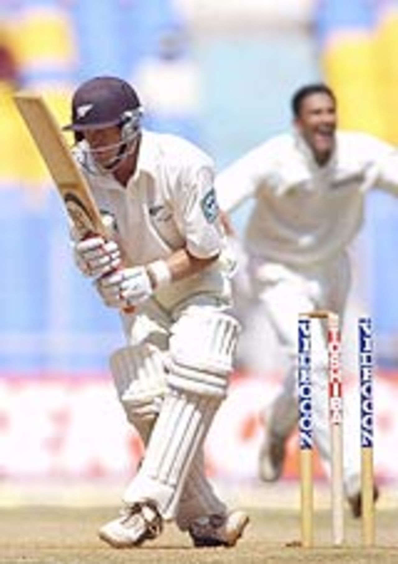 Lou Vincent is bowled by Anil Kumble on the final day of the first Test between India and New Zealand in Ahmedabad, October 12, 2003