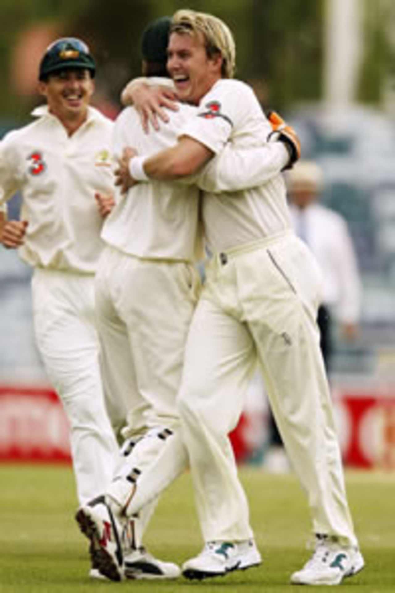 Brett Lee of Australia celebrates the wicket of Mark Vermeulen of Zimbabwe during day four of the First Test between Australia and Zimbabwe played at the WACA Ground on October 12, 2003 in Perth, Australia.