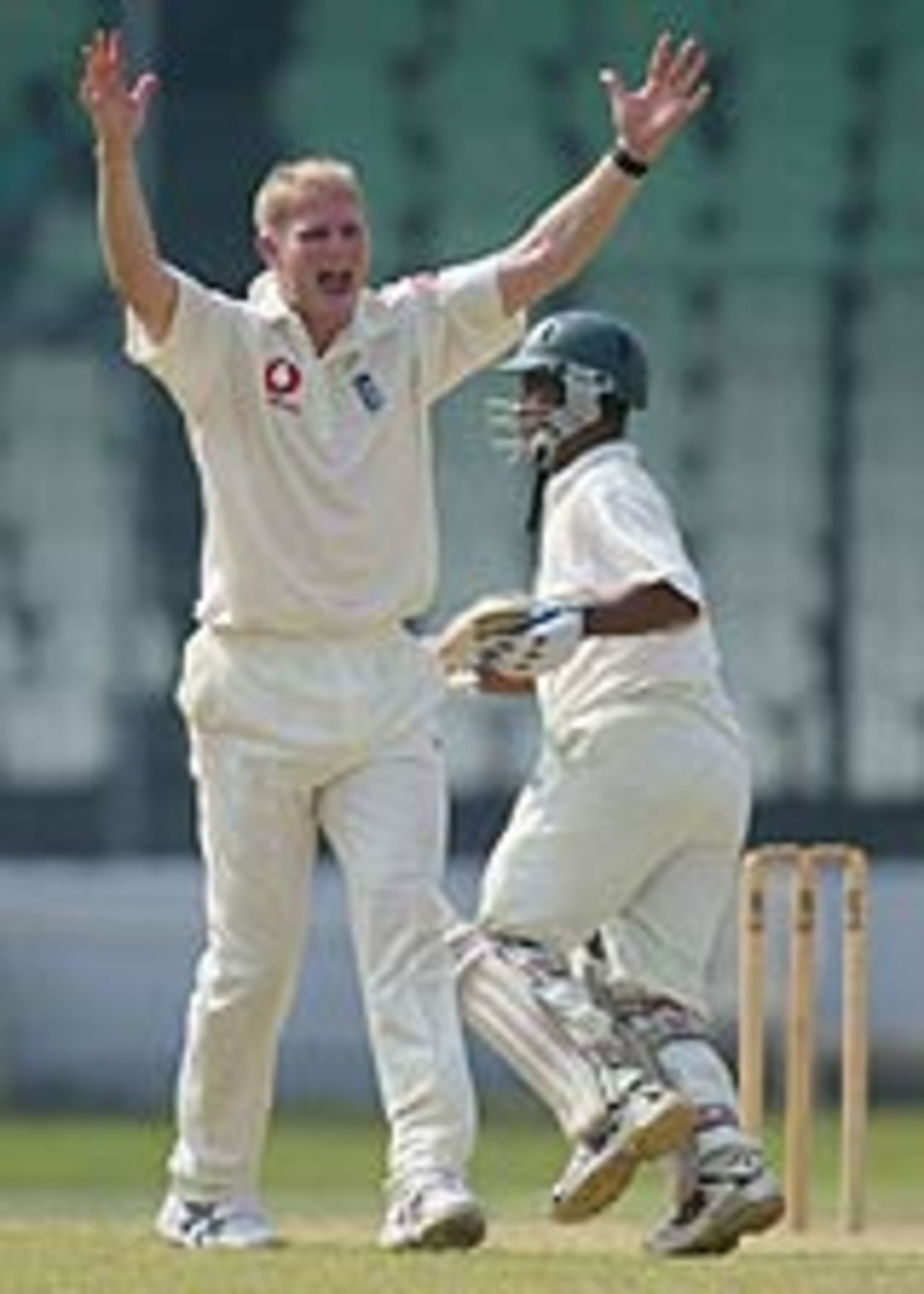 Matthew Hoggard traps Mushfiqur Rahman leg-before - Hoggard finished with 6 for 13 as the match ended in a draw, Bangladesh President's XI v England, Dhaka, Day 3, October 14, 2003
