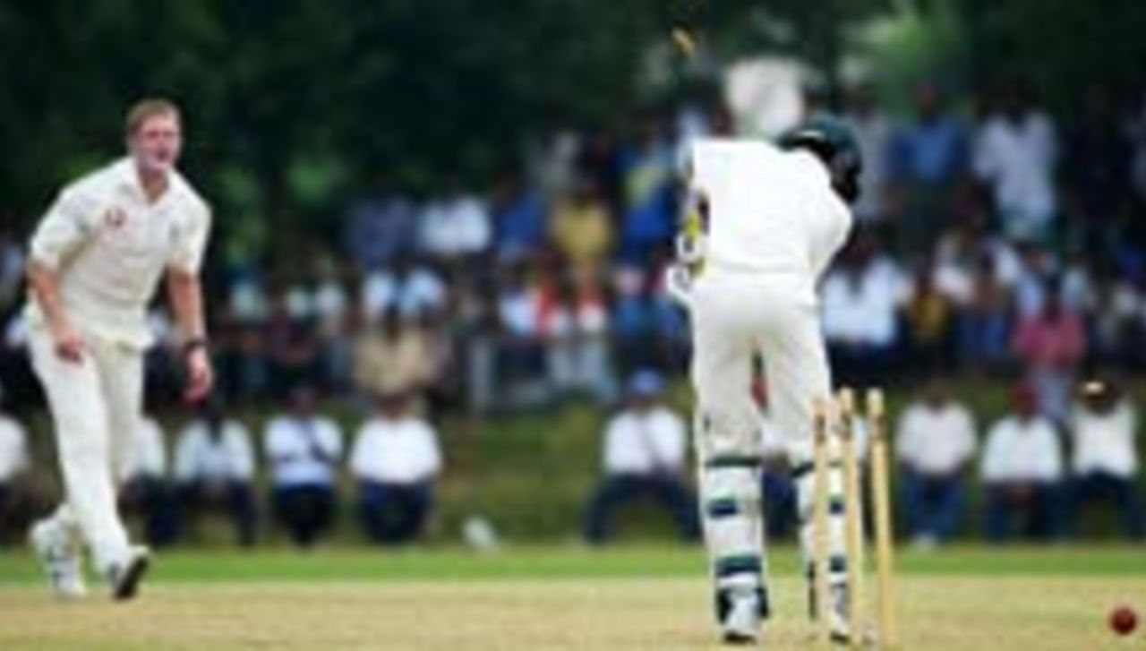 Matthew Hoggard gets a wicket at Savar against Bangladesh A