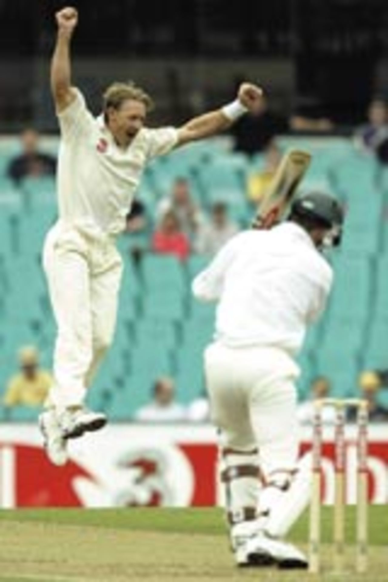 Andy Bichel celebrates Trevor Gripper's dismissal, Australia v Zimbabwe, 2nd Test, Sydney, 1st day, October 17, 2003