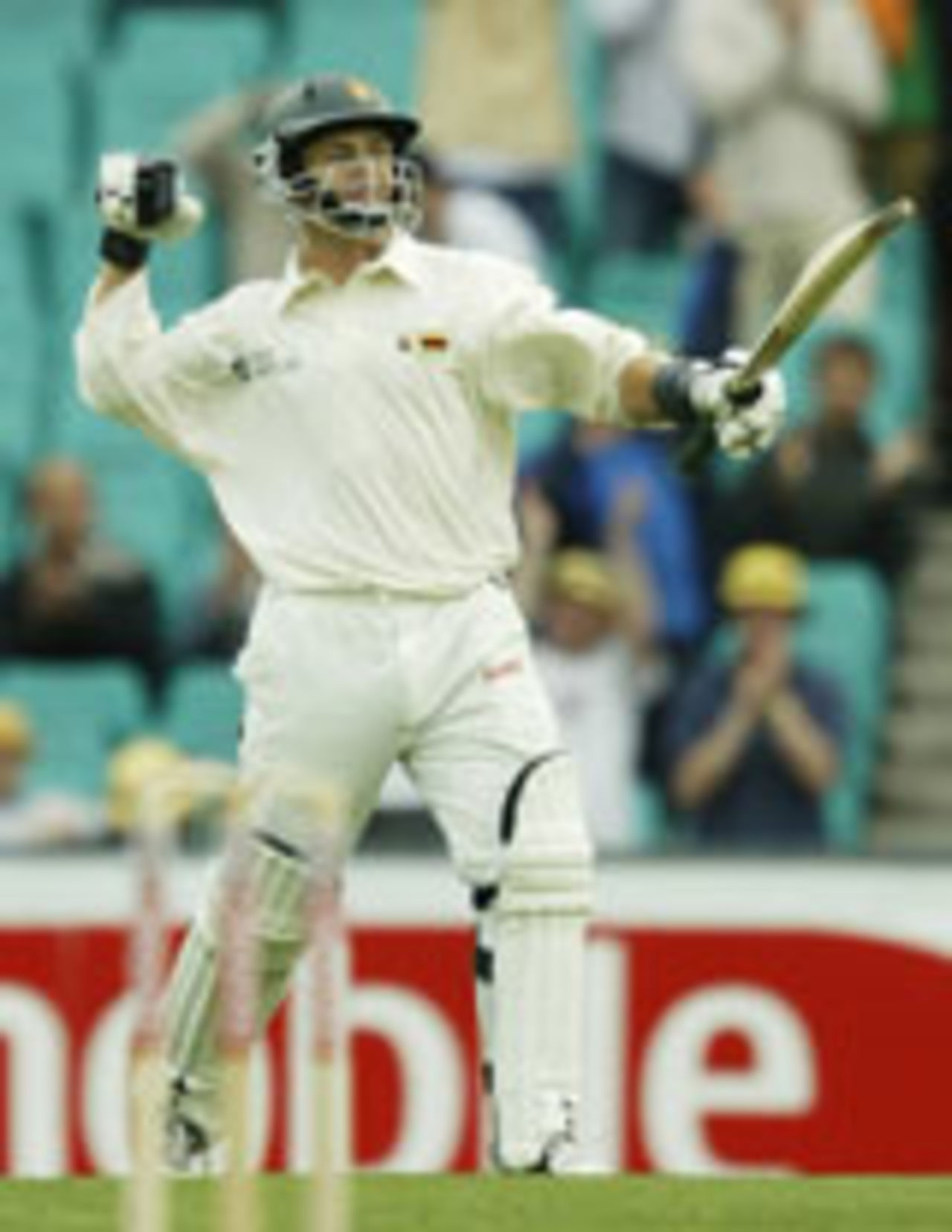 Stuart Carlisle celebrates 100, Aus v Zim, 2nd Test, Sydney, October 17, 2003