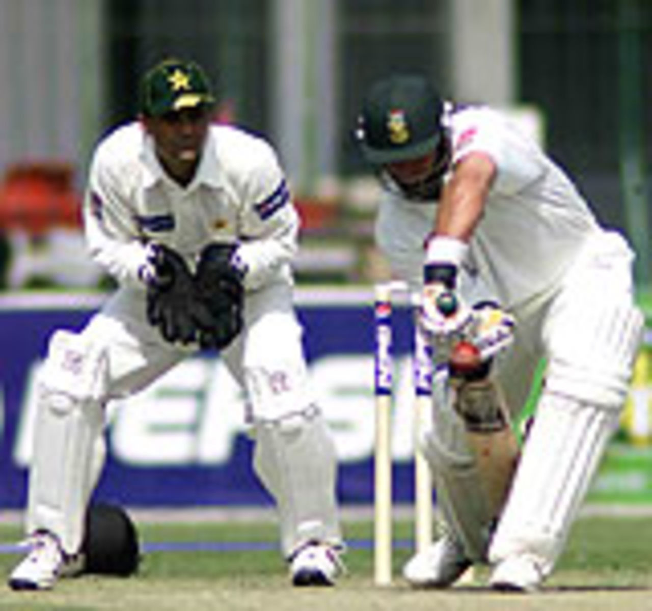 Jacques Kallis comes forward in defence during his 29-run innings, Pakistan v South Africa, Day 1, 1st Test, Lahore, October 17, 2003.