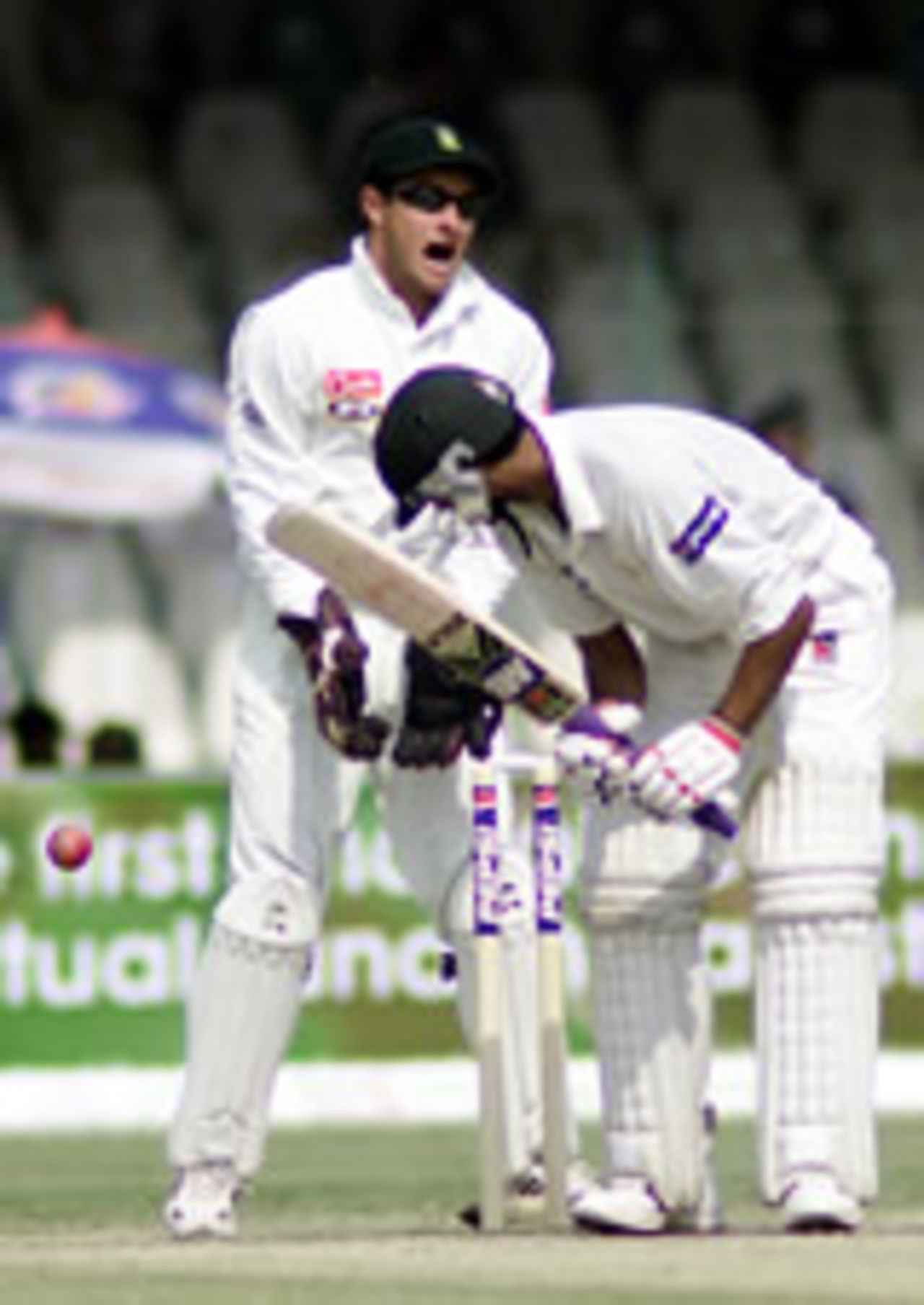 Shoaib Malik bowled by Paul Adams after scoring 47, Pakistan v South Africa, Day 3, 1st Test, Lahore, October 19, 2003.