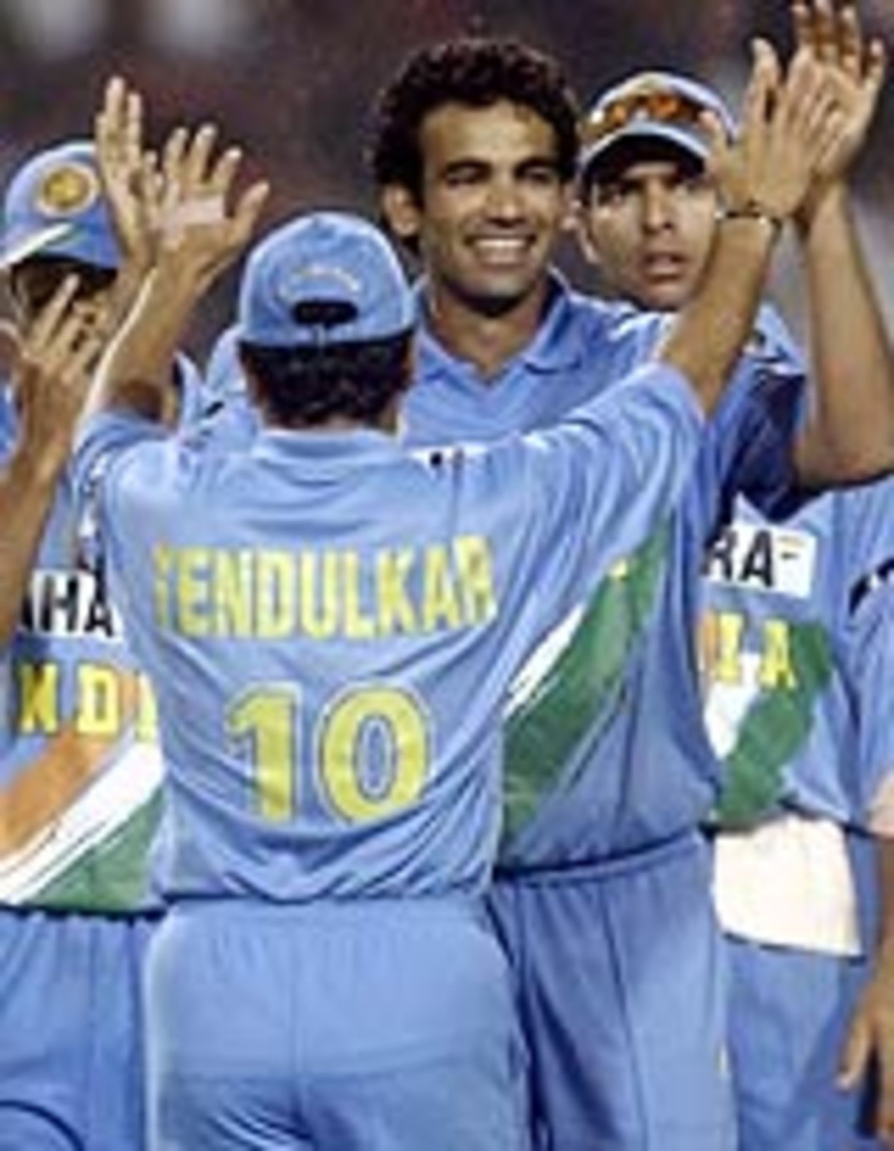 Zaheer Khan celebrates Adam Gilchrist's wicket, India v Australia, TVS Cup, Game 2, October 26, 2003
