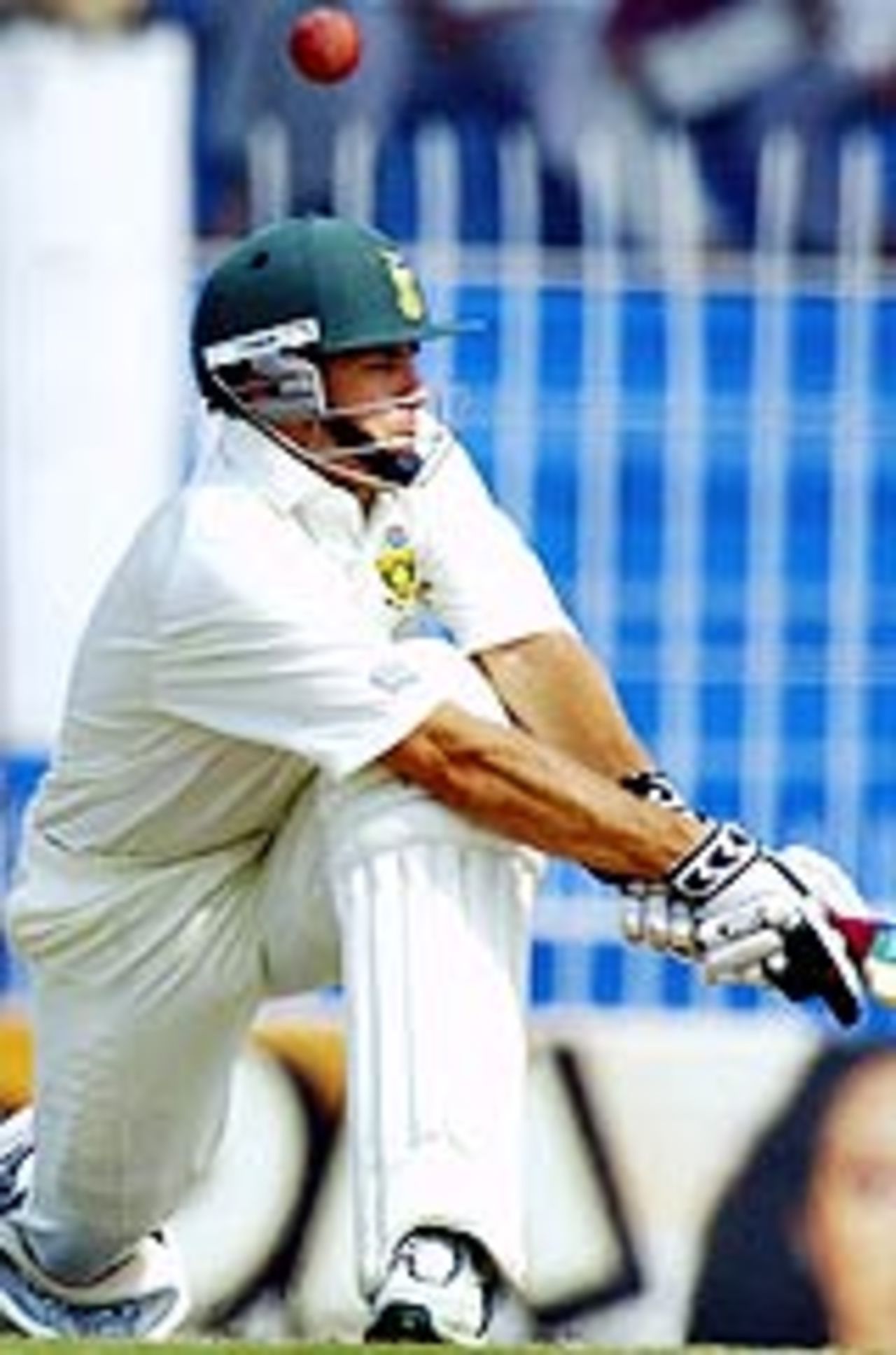 Neil McKenzie slog-sweeps ... and top-edges, Pakistan v South Africa, Day 4, 2nd Test, Faisalabad, October 27, 2003.