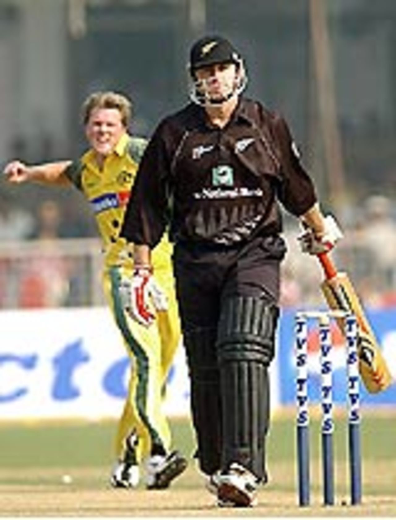 Scott Styris walks off after being dismissed by Brad Williams, Australia v New Zealand, Faridabad, October 29, 2003