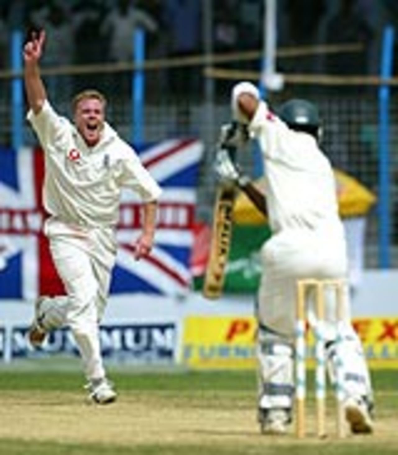 Martin Saggers celebrates his first Test wicket