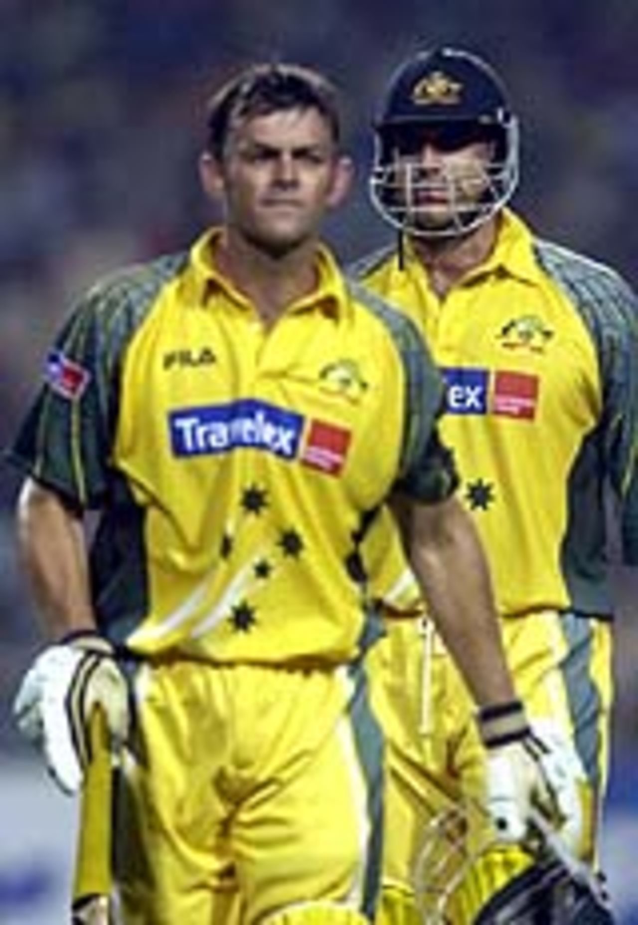 Adam Gilchrist and Matthew Hayden walk onto the field, India v Australia, TVS Cup, Gwalior, October 26 2003
