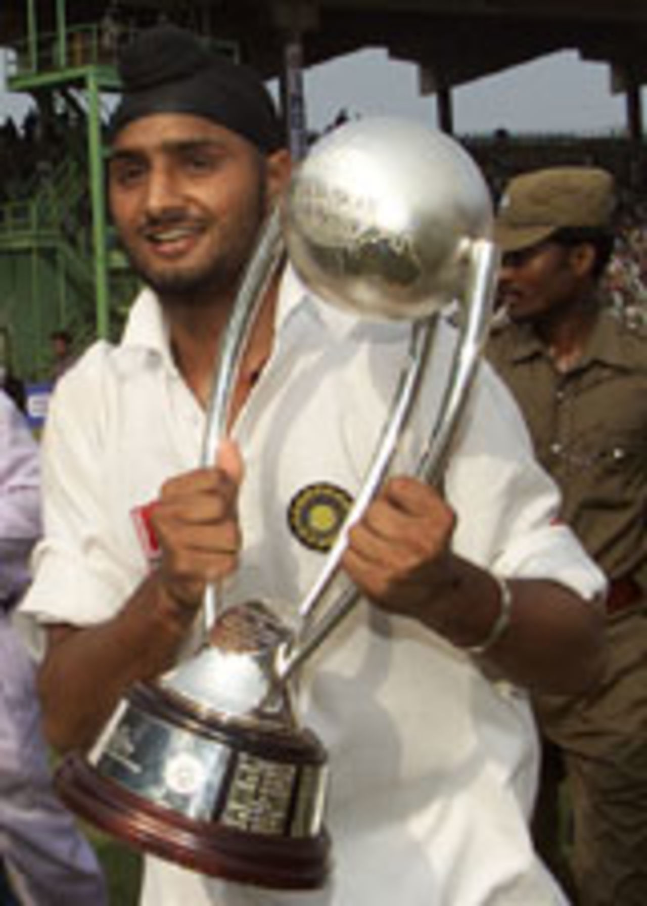 Harbhajan Singh with the series trophy, India v Australia, March 22 2001