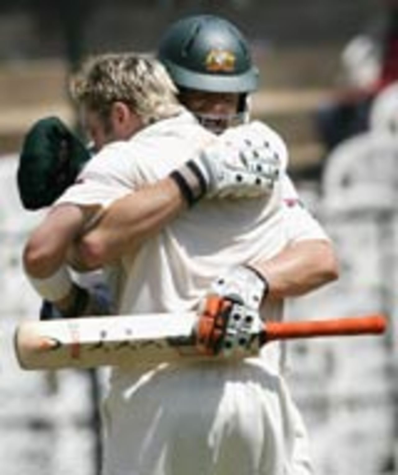 Adam Gilchrist hugs Michael Clarke after he scored a century on Test debut, Australia v India, 1st Test, Bangalore, 1st day, October 7, 2004