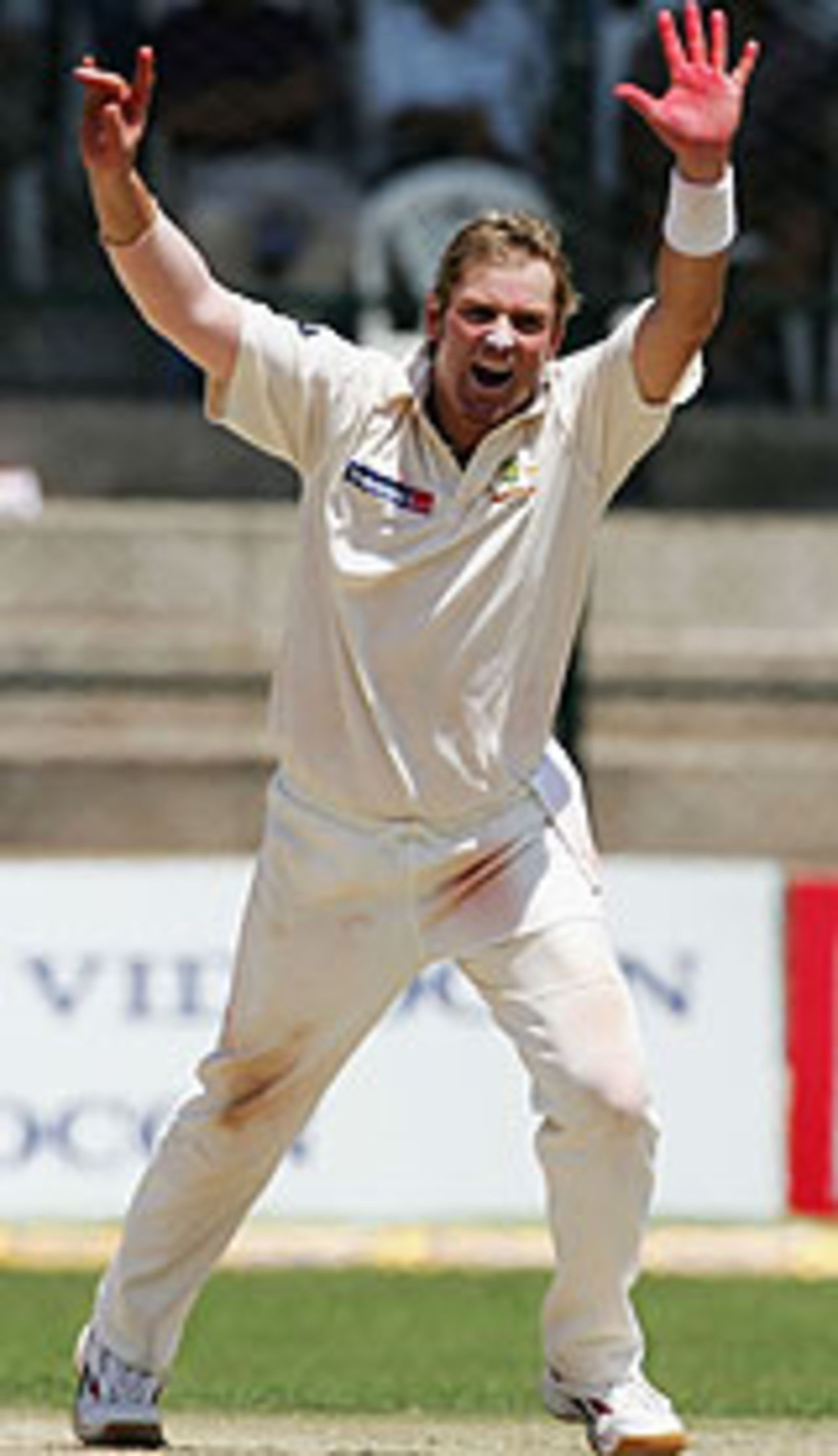 Shane Warne celebrates his second wicket, India v Australia, 1st Test, Bangalore, 3rd day, October 8, 2004