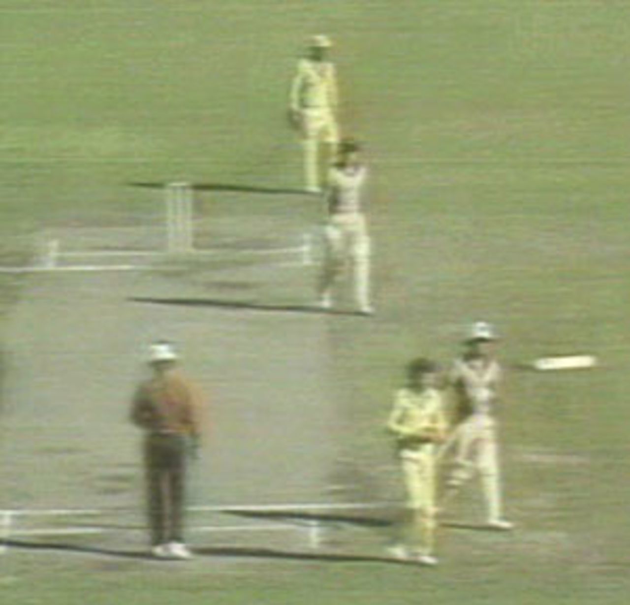 Trevor Chappell walks off after his infamous underarm delivery to Brian McKechnie , Australia v New Zealand, Melbourne, 1981