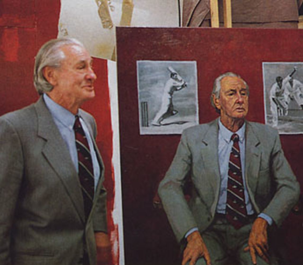 Keith Miller admires Michael Corkrey's painting, London, 1993