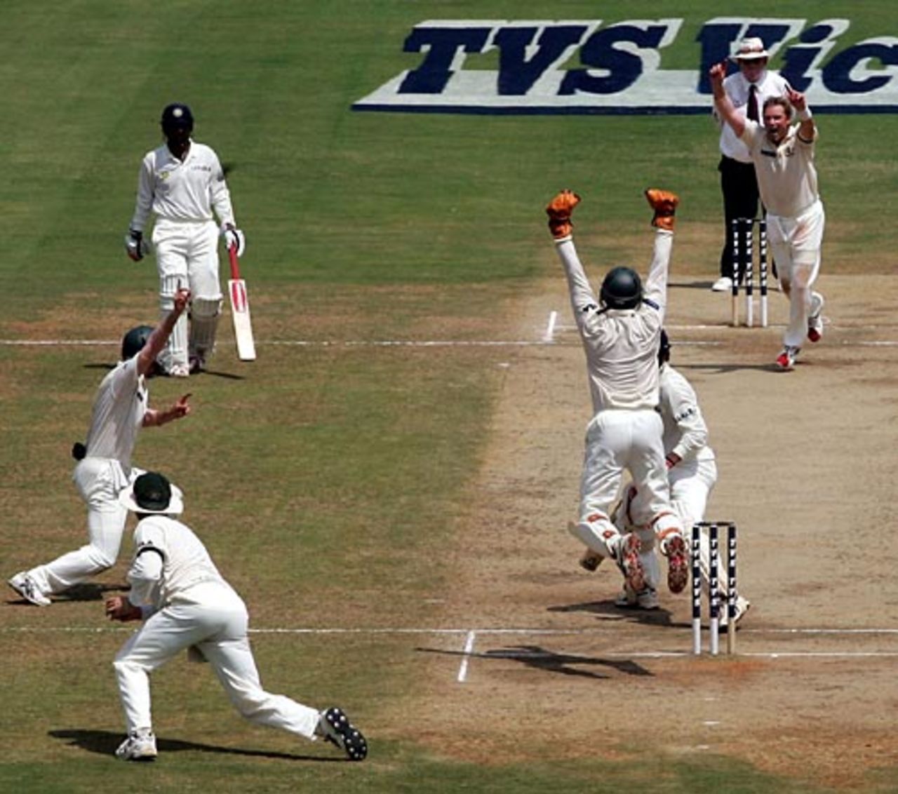 Shane Warne celebrates dismissing Irfan Pathan to become the leading Test wicket-taker of all time, India v Australia, 2nd Test, Chennai, October 15, 2004