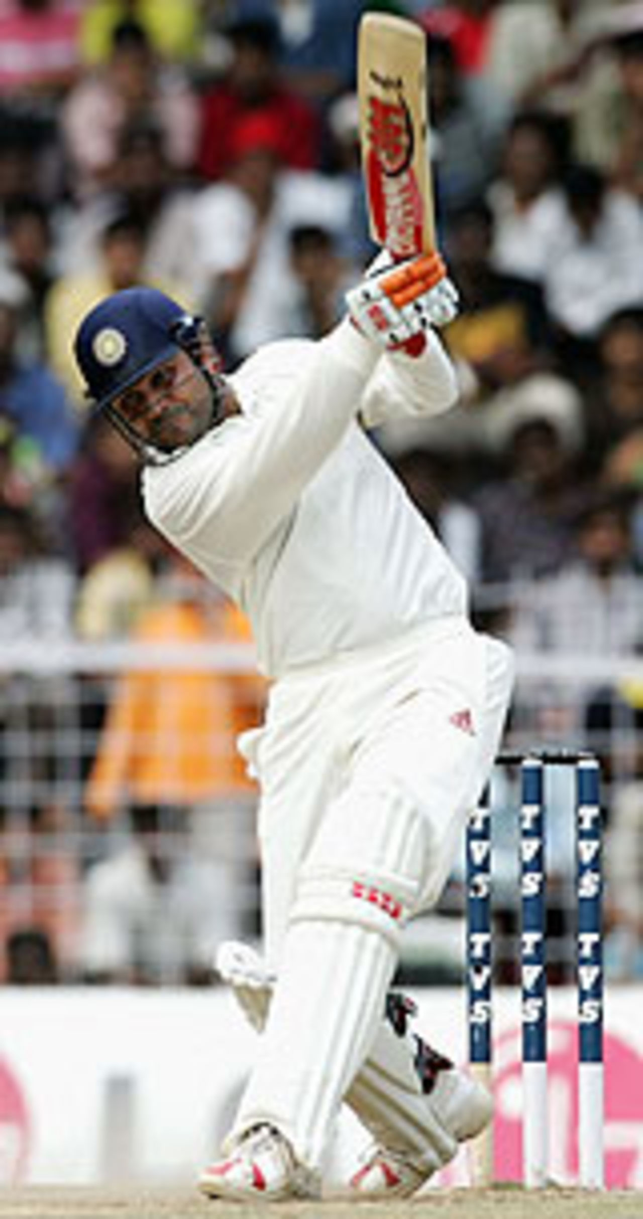 Virender Sehwag drives on his way to a hundred, India v Australia, 2nd Test, Chennai, October 15, 2004