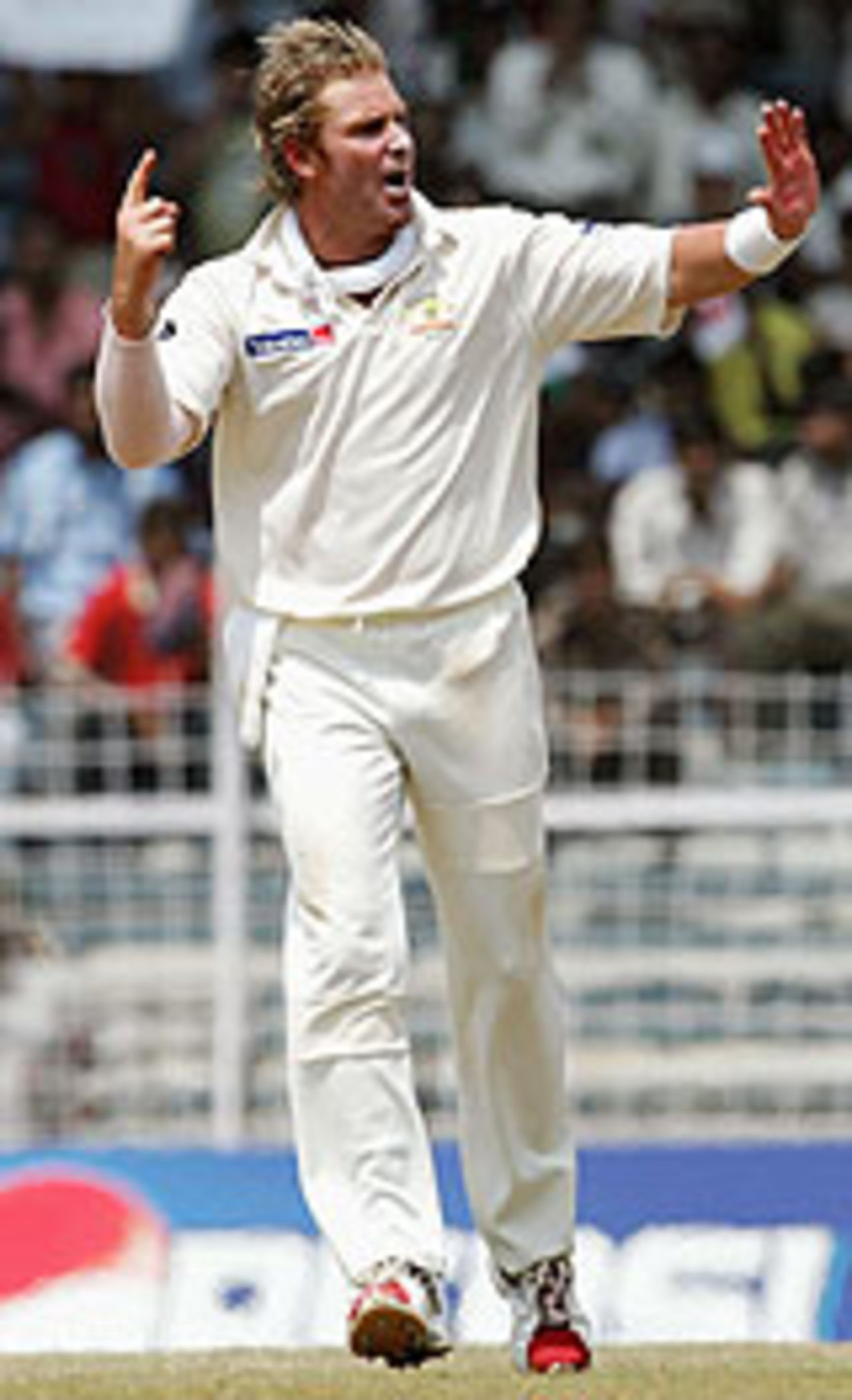 Shane Warne gets a wicket on his way to a six-wicket haul, India v Australia, 2nd Test, Chennai, 3rd day, October 16, 2004