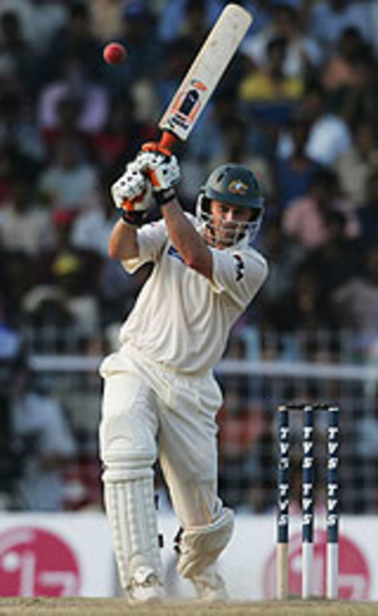 Adam Gilchrist drives on the way to a vital 49, 2nd Test, Chennai, 3rd day, October 16, 2004