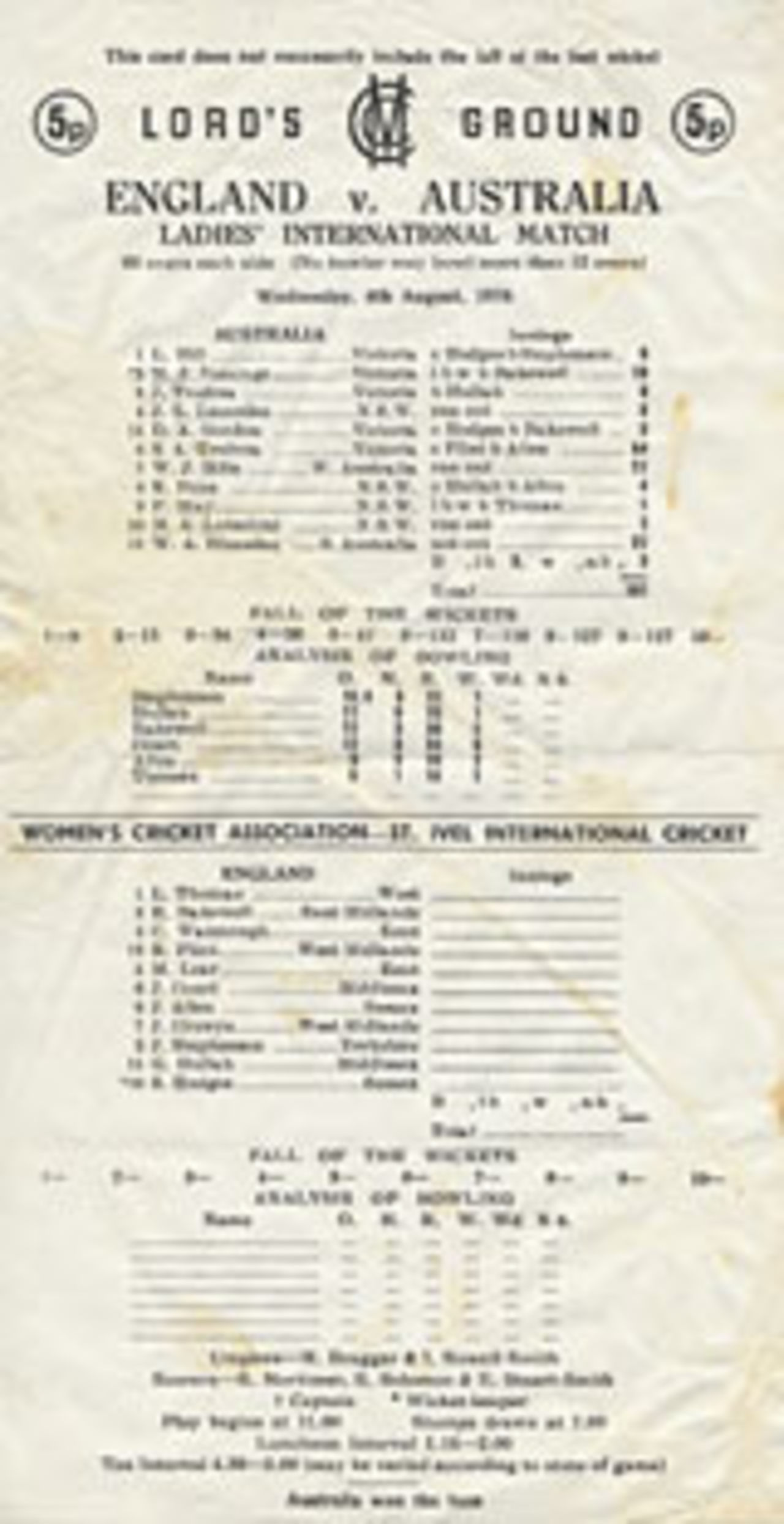 Half-completed scorecard, England v Australia, Lord's, ODI, August 4, 1976