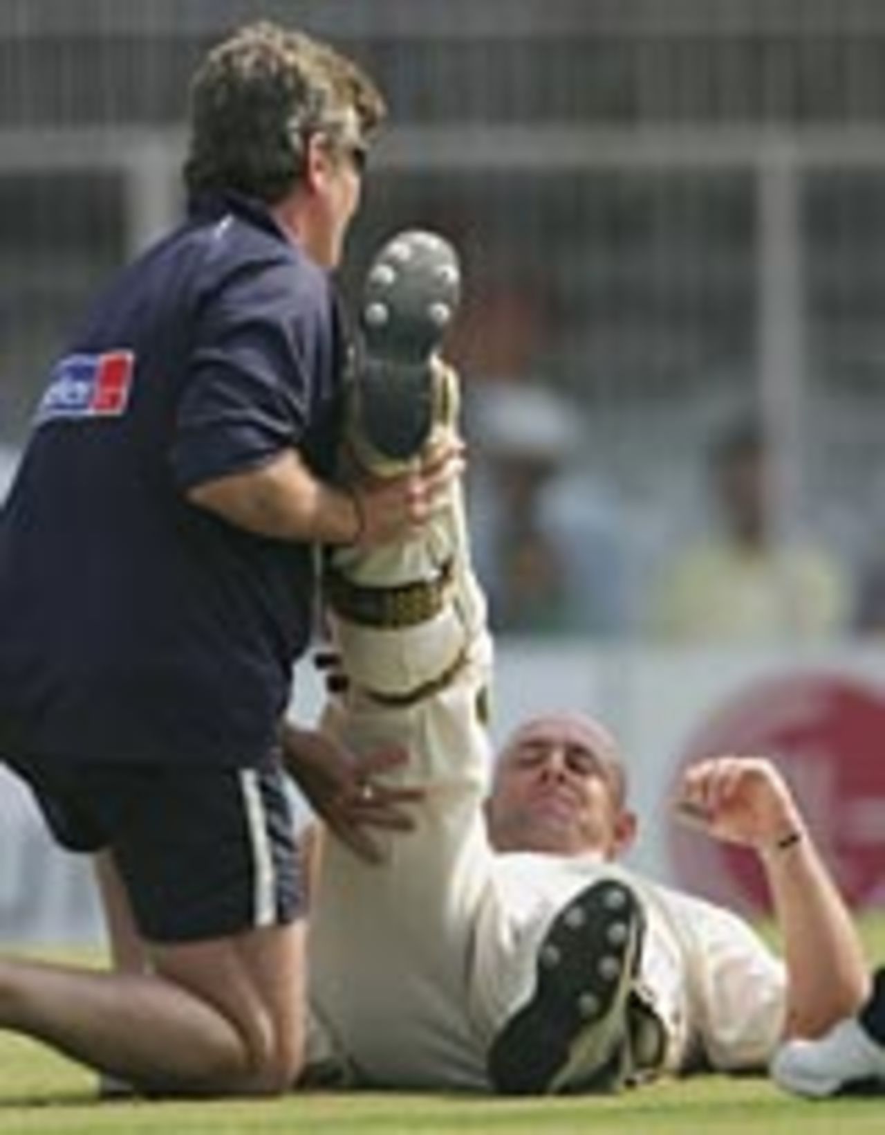Darren Lehmann gets treatment to his hamstring, India v Australia, 2nd Test, Nagpur, October 26, 2004
