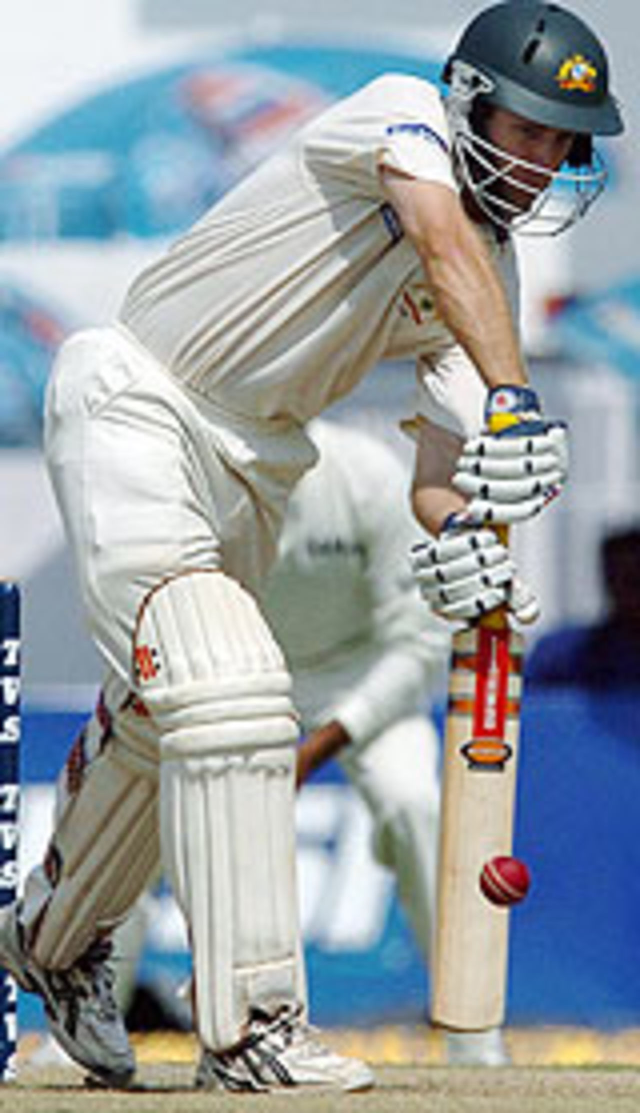 Simon Katich blocks a good-length delivery, India v Australia, 3rd Test, Nagpur, October 28 2004
