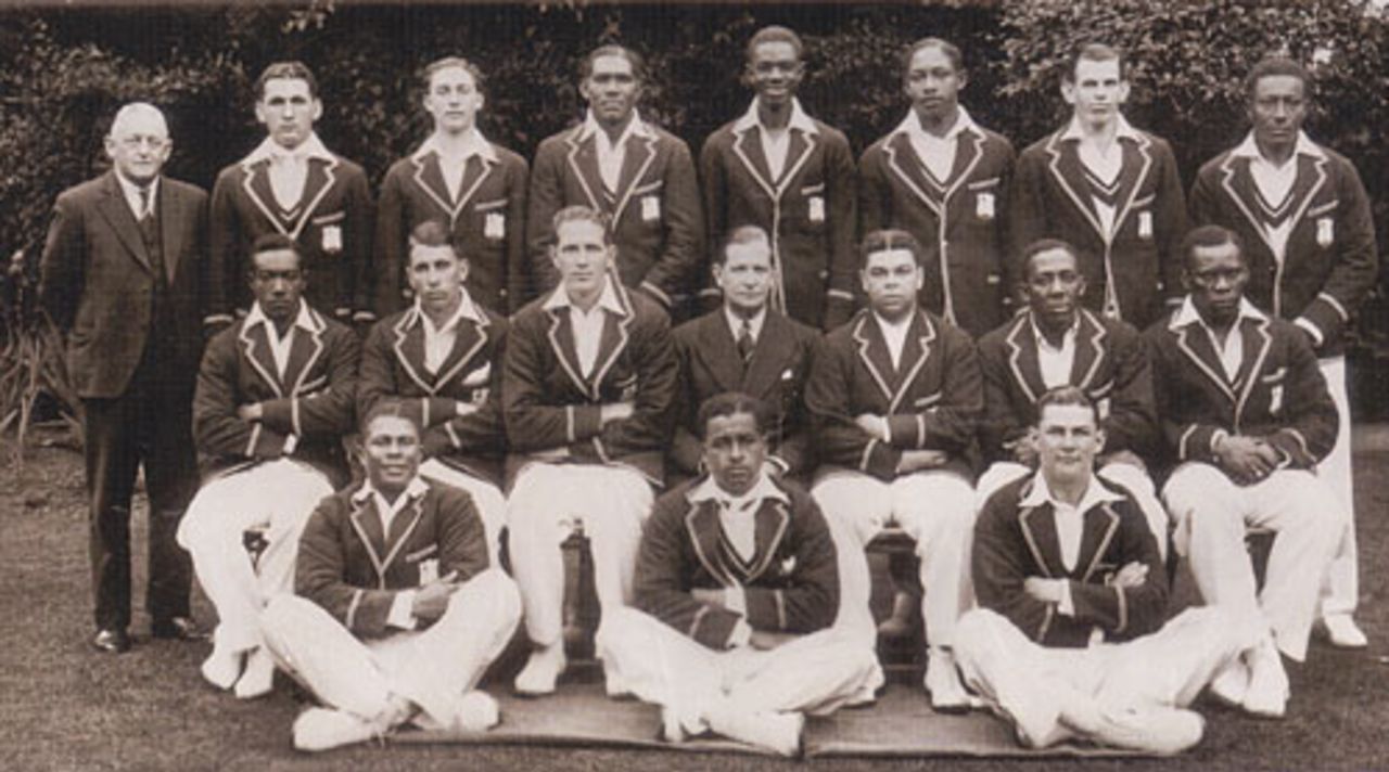 The 1939 West Indies squad - Standing: W. Ferguson (scorer), G.E. Gomez, J.B. Stollmeyer, L.G. Hylton, C.B. Clarke,  H.P. Bayley, E.A.V. Williams.   Sitting: G.A. Headley, I.M. Barrow, R S. Grant, J.M. Kidney (manager), J.H. Cameron, L.N. Constantine, E.A. Martindale.  Front:  K.H. Weekes, J.E.D. Sealy, V.H. Stollmeyer.