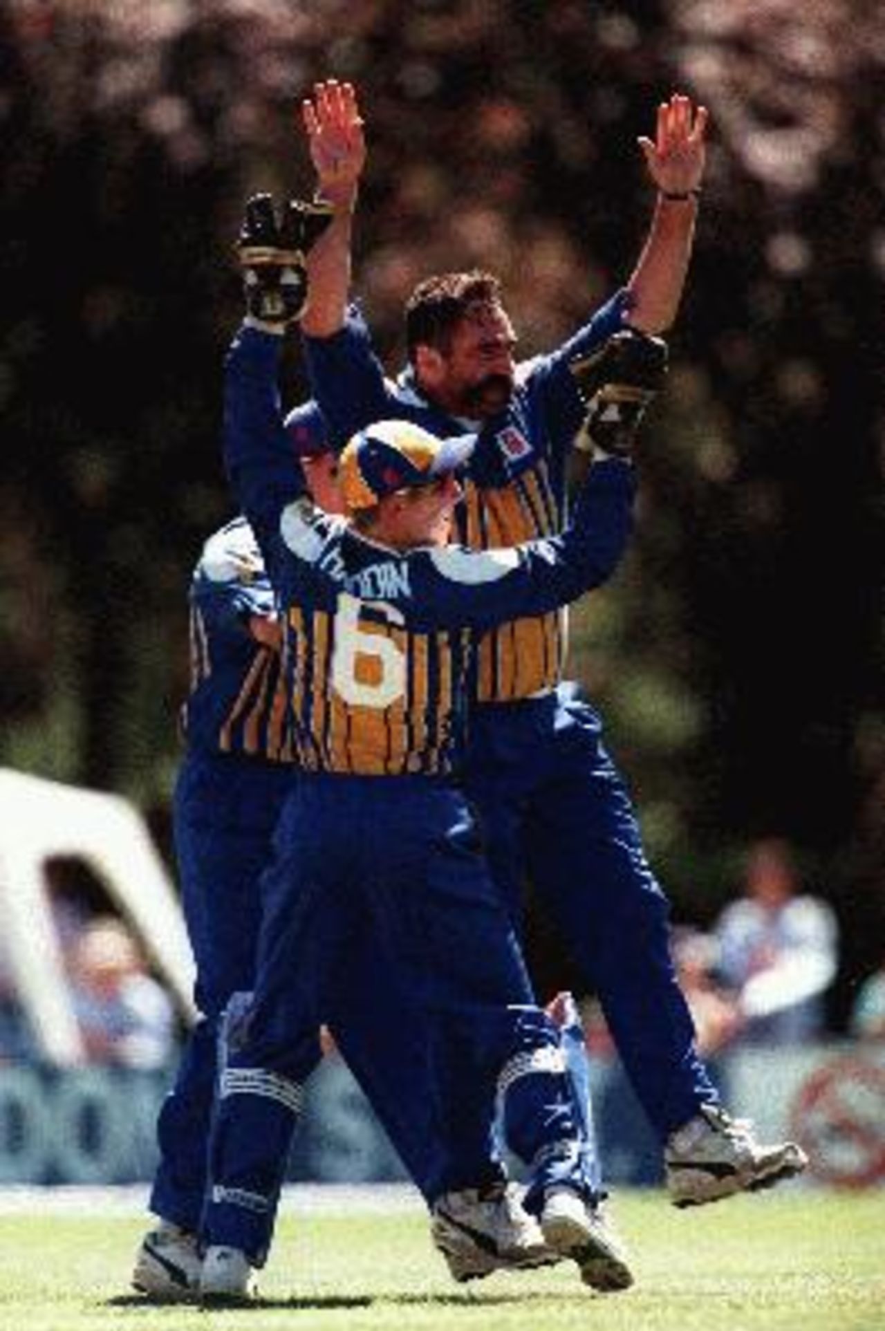 Merv Hughes congratulated by team-mates (Keeper Brad Haddin no.6) after taking his first wicket for ACT, that of SA capt Jamie Siddons, caught Lemin, bowled Hughes zero. SA defeated ACT at Manuka Oval Nov 2 1997.