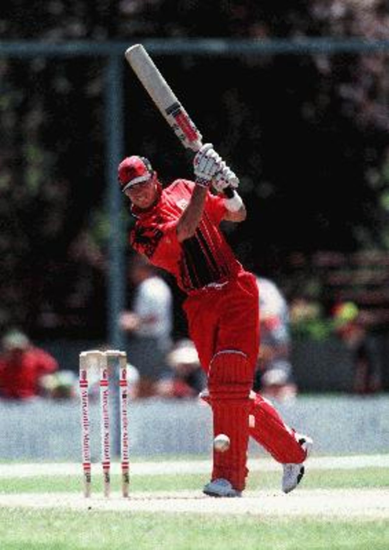 Greg Blewett drives for four during his innings of 97 . ACT v SOA in the Mercantile Mutual Cup at Manuka Oval Canberra Sunday November 2nd 1997