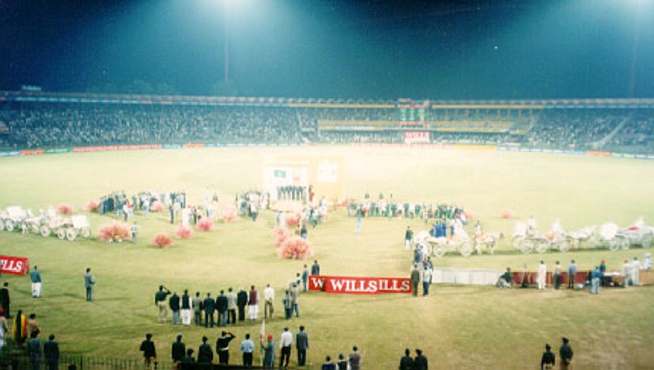Closing ceremony of the Wills Quadrangular, Lahore 1997,  a night view of the ground with the white buggies