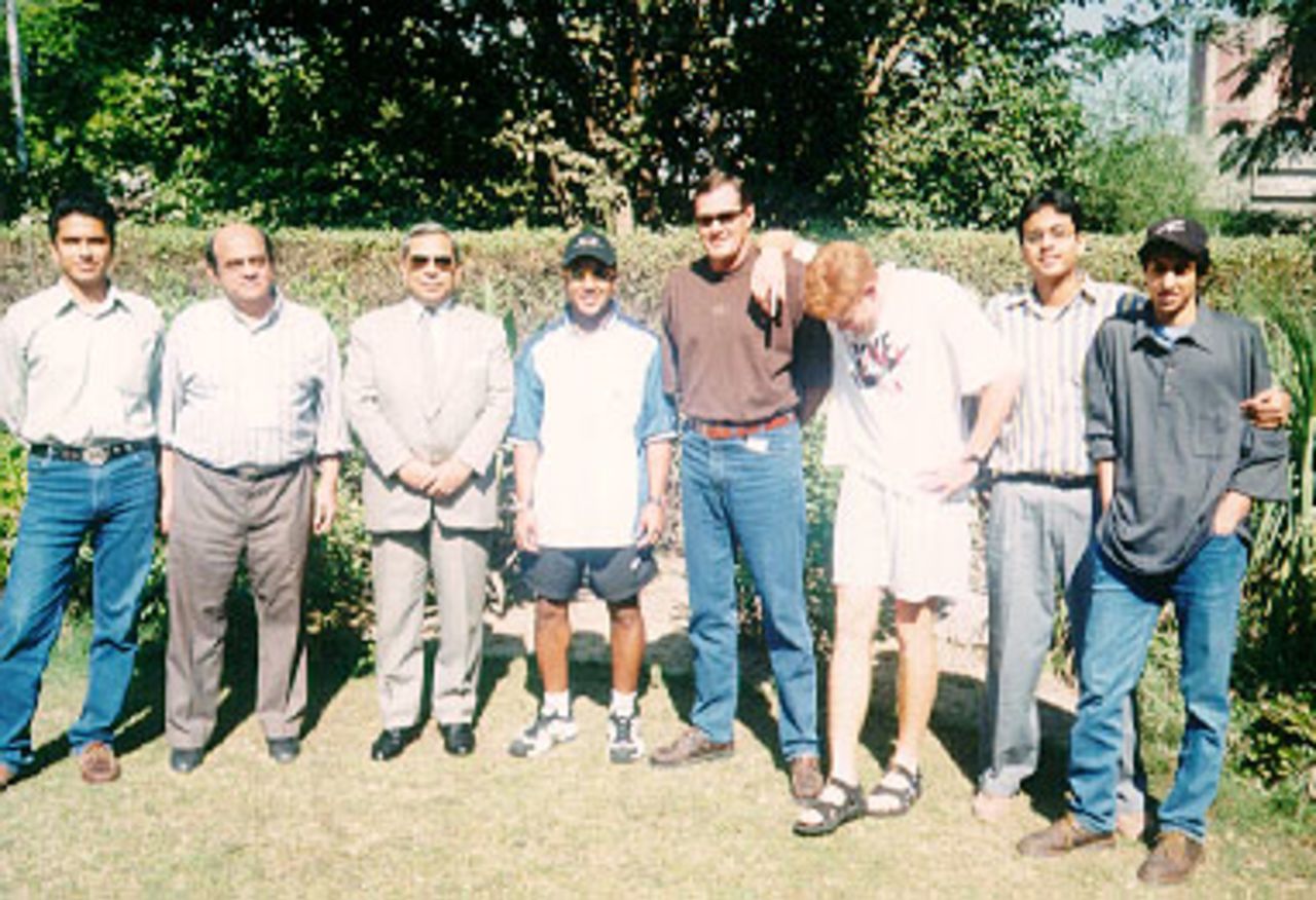 Symcox, Adams and Pollock with the QDO commentary team, Lahore 1997 taken before their IRC interview. Symcox with sunglasses, Pollock head down, and Adams 4th from left