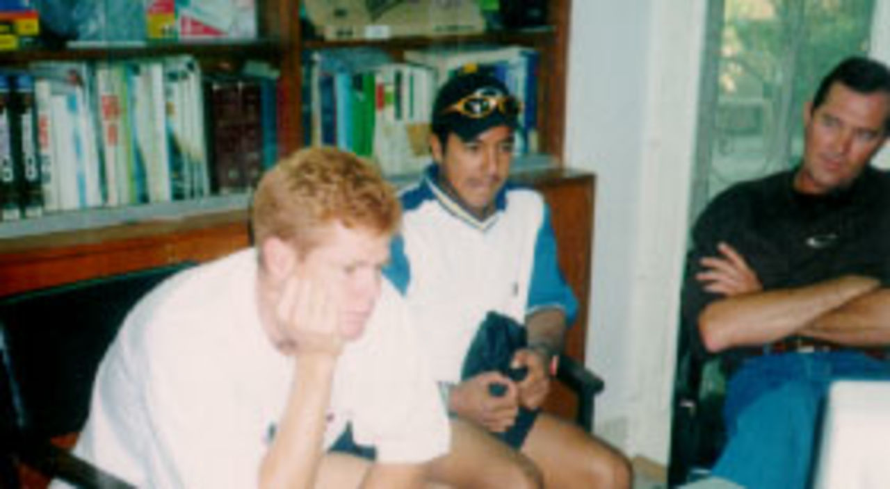 Symcox, Adams and Pollock during their IRC interview, Lahore 1997 - Symcos on right watches Pollock and Adams contemplate their answers