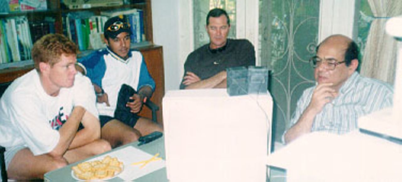 Suhael interviews (from L to R) Shaun Pollock, Paul Adams and Symcox, Lahore 1997