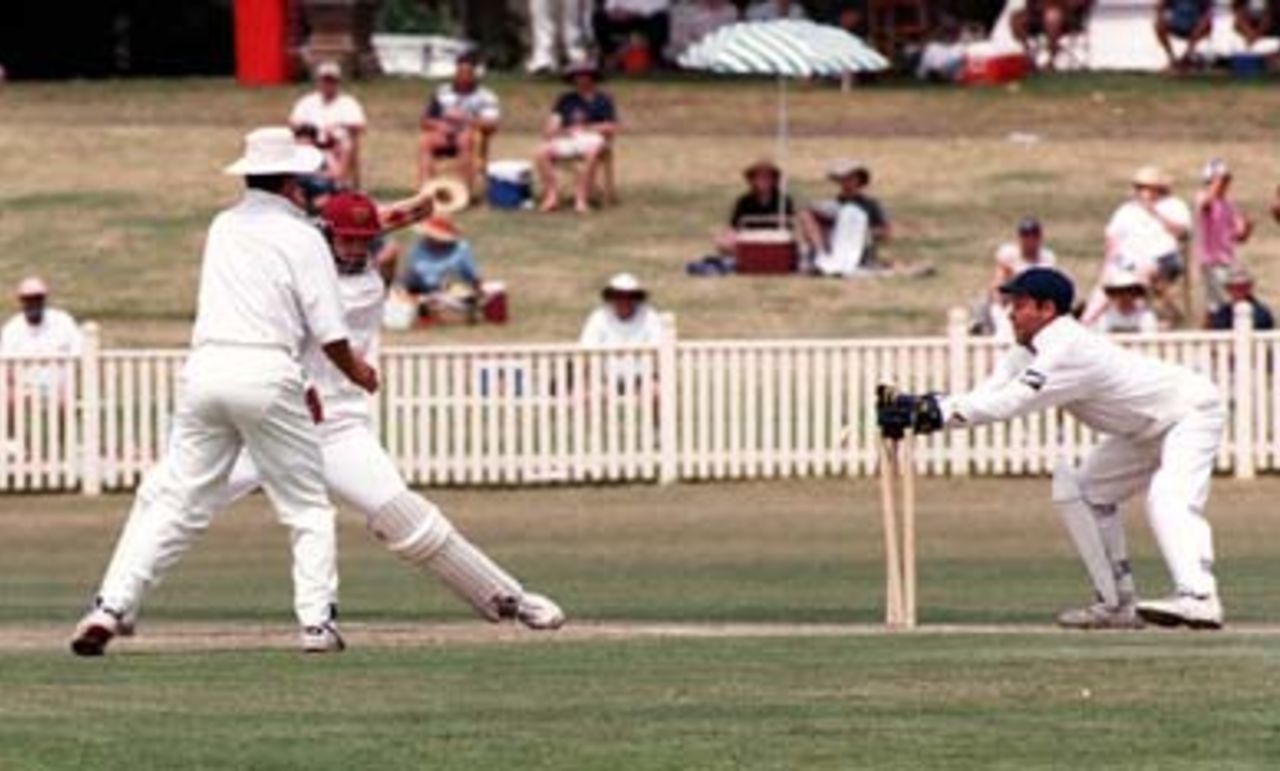 Phil Emery stumps Geoff Foley during the Sheffield Shield match between NSW and Queensland at Newcastle. 16th Nov 1997