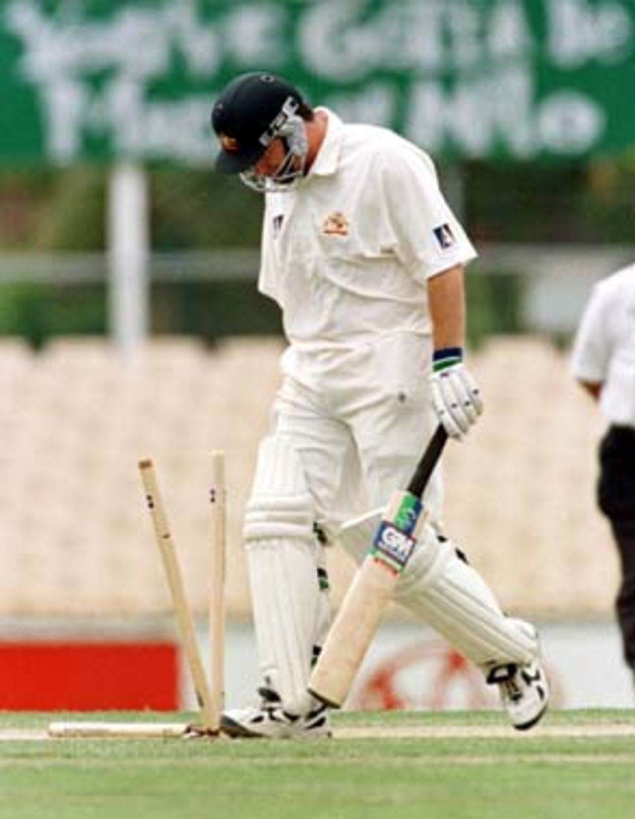 A distrught Steve Waugh walks off past his shattered stumps after being bowled just 4 short of his century, bowled by O'Connor. Australia v New Zealand 2nd Test, Day Three, at the WACA, Perth, Thursday November 22nd 1997