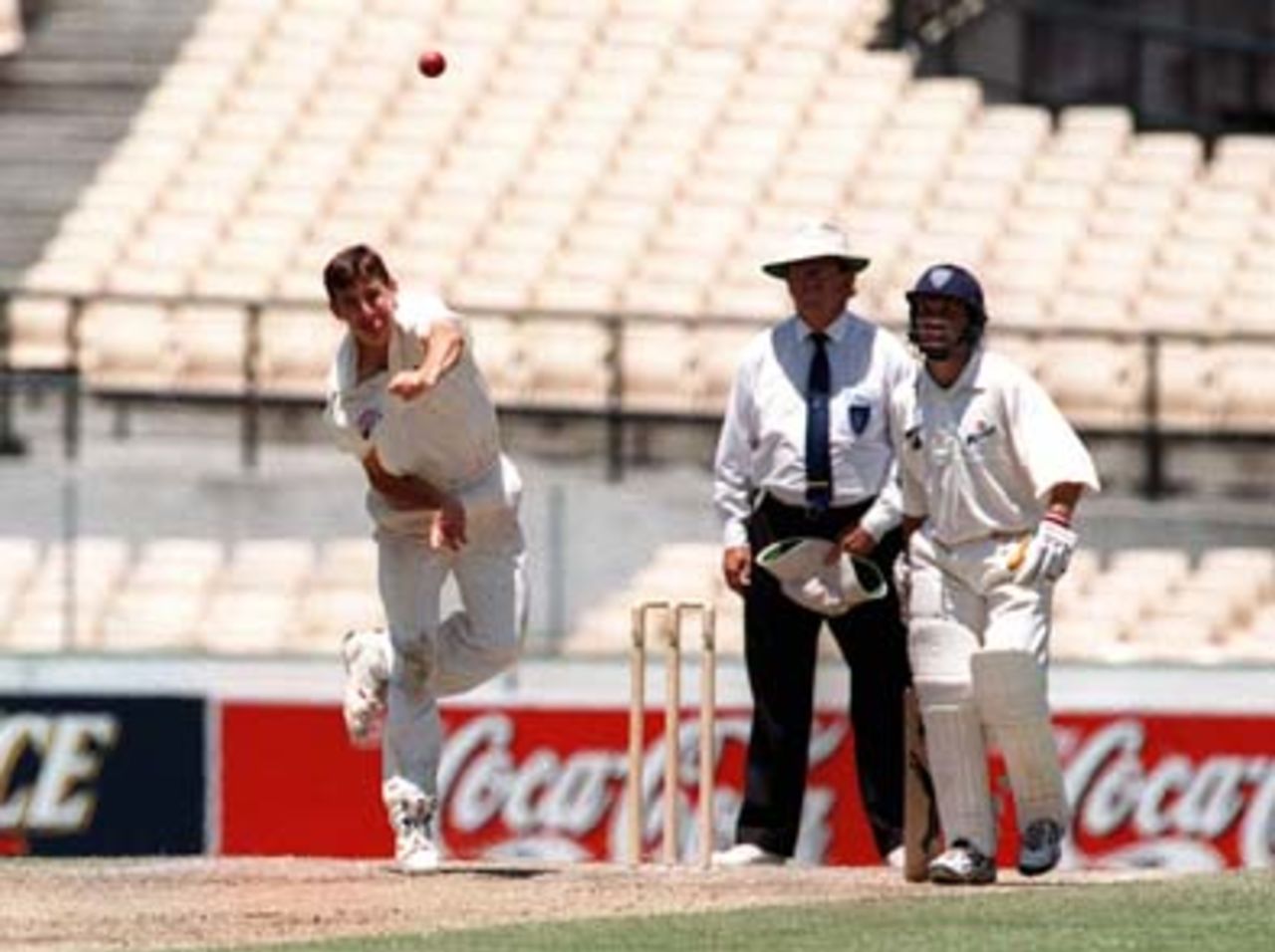 Brad Hogg bowls during the Sheffield Shield game between NSW and WA at the SCG. 22nd November 1997.