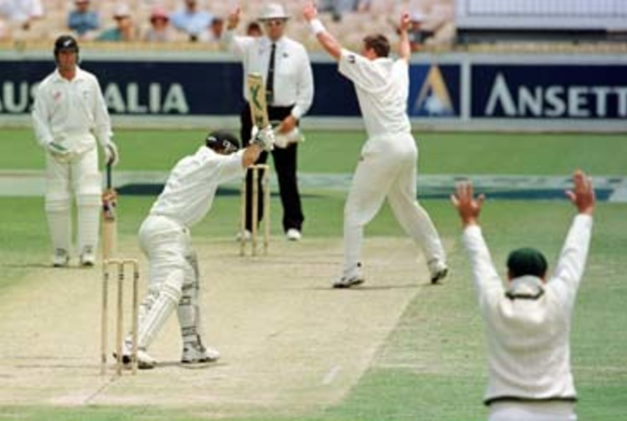 All hands up as Umpire Darryl Hair answers Kasprowicz's appeal for LBW after Parore did not offer a shot and was hit... Australia v New Zealand 2nd Test, Day Four, at the WACA, Perth, Thursday November 23rd 1997