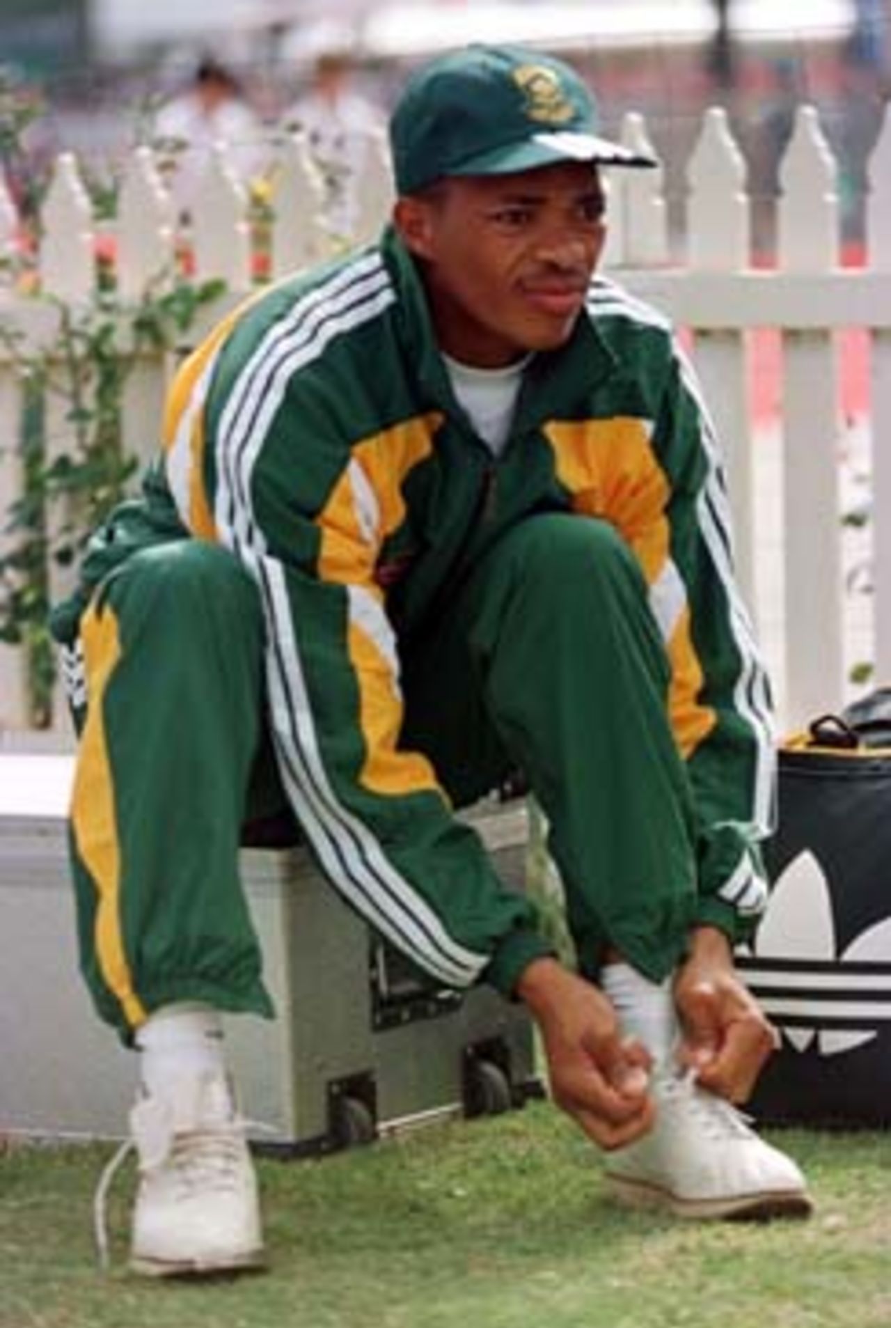 Makhaya Ntini pulls on his boots for the first time on his first tour.... South Africa's first nets session on tour at the WACA, Saturday November 22nd 1997.