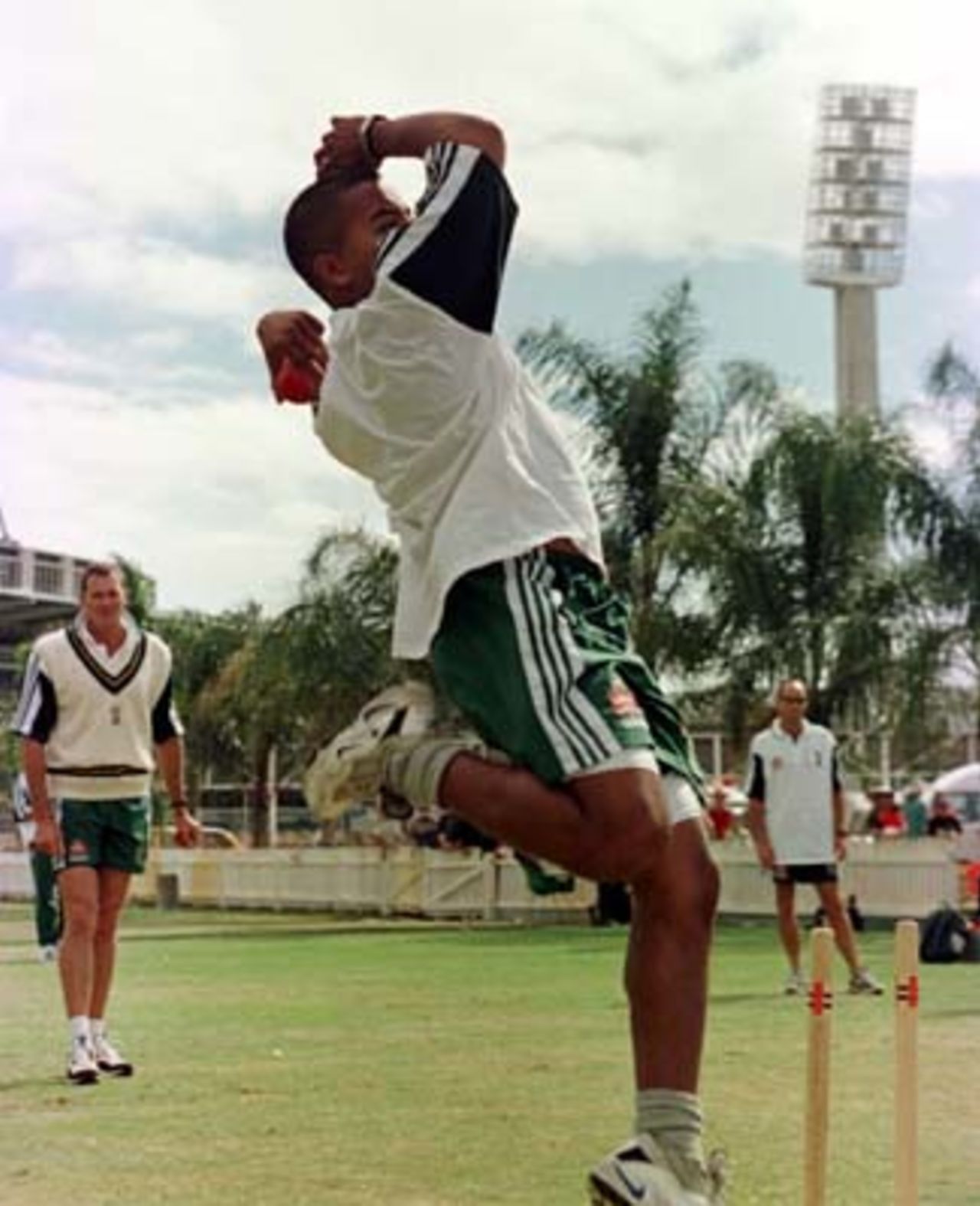 Paul Adams bowls. South Africa's first nets session on tour at the WACA, Saturday November 22nd 1997.