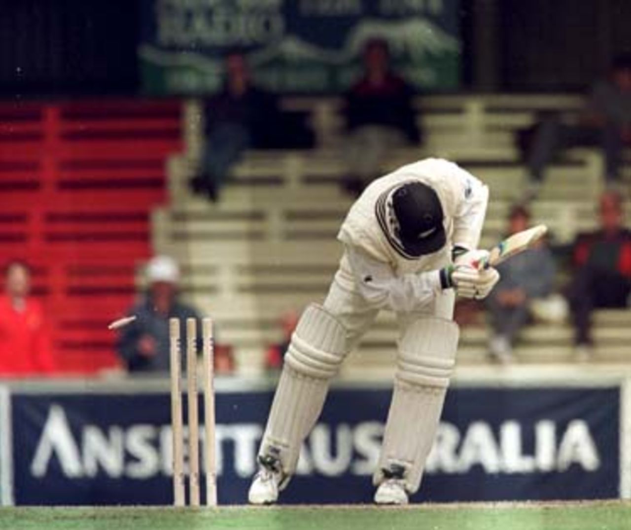 Bryan Young is bowled by Reiffel during the Australia v New Zealand match at Bellerive Oval in Tasmania. November 30th 1997.