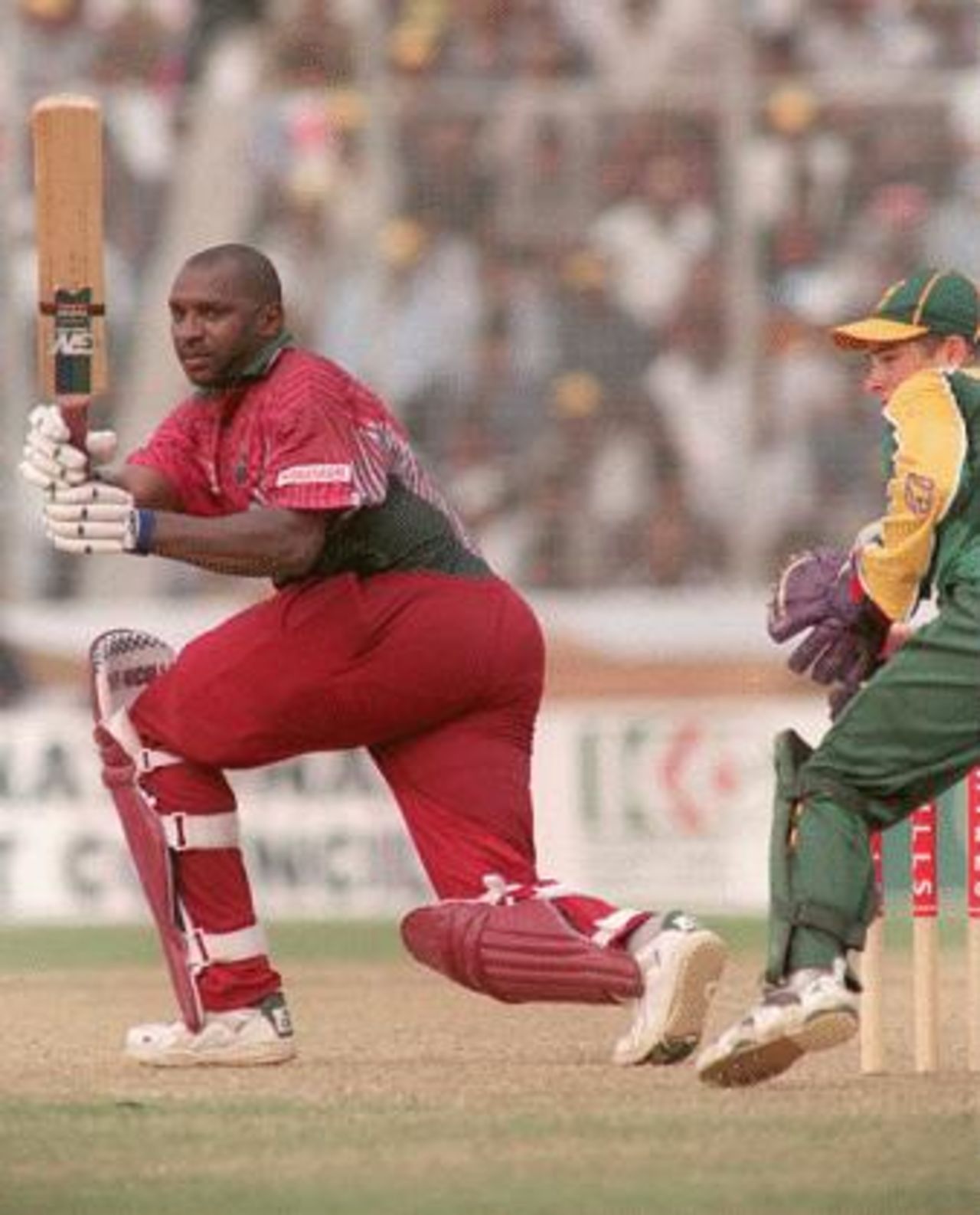 Wills International Cup, 1998/99, Final South Africa v West Indies Bangabandhu National Stadium, Dhaka  1 November 1998  Wallace hits to leg during his innings of 103 Boucher looks on