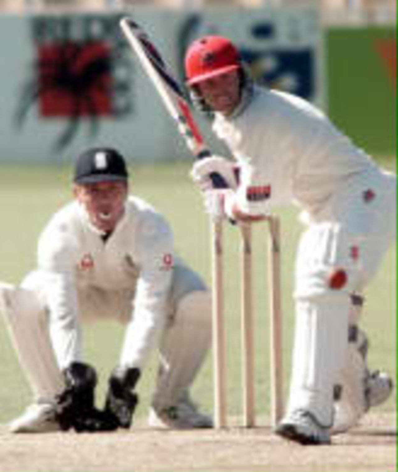 South Australian opener Martin Faull drives, Alec Stewart looks on <BR>England in Australia, 1998/99, South Australia v England XI, Adelaide Oval, 7,8,9,10 November 1998