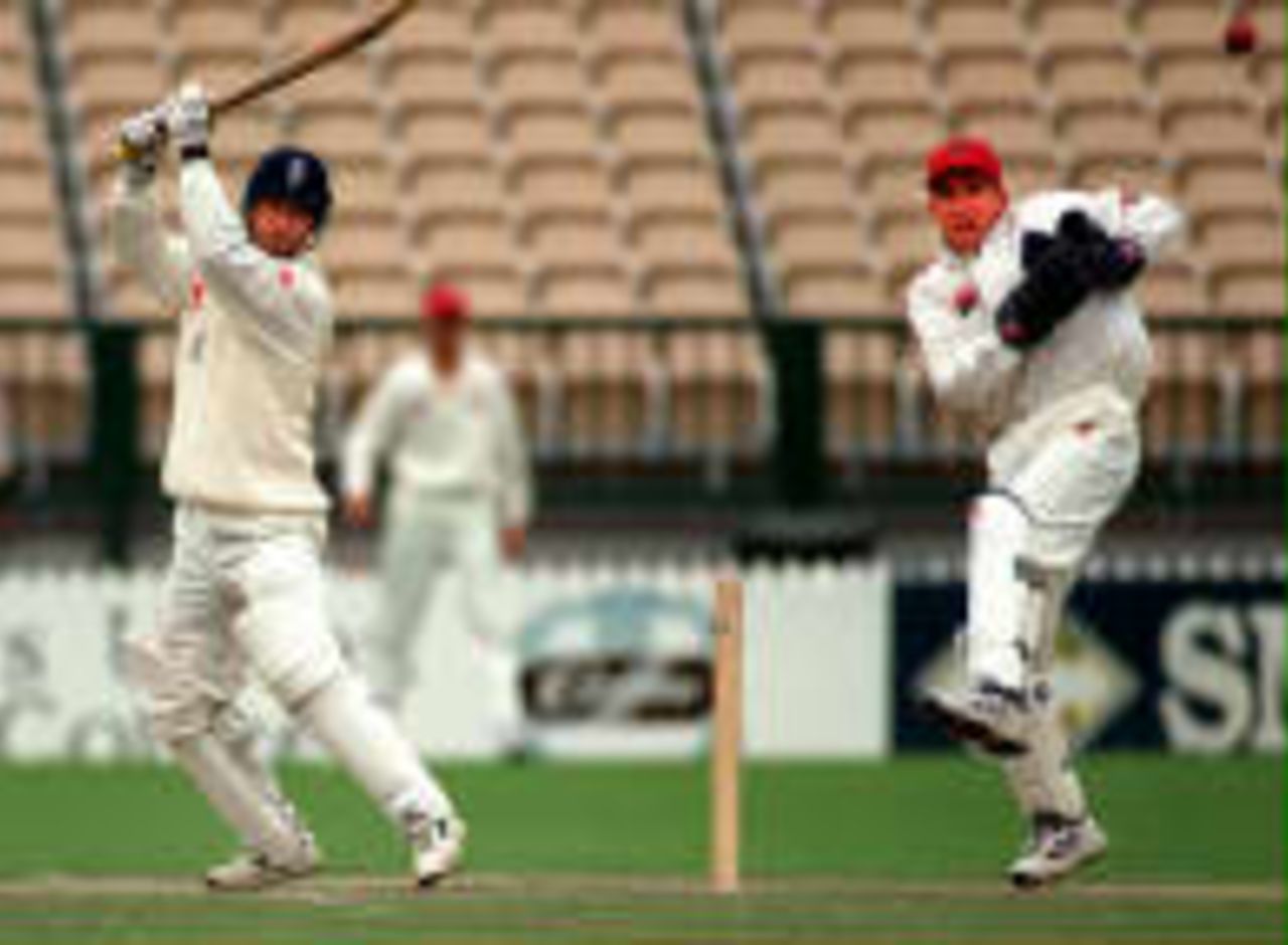 Thorpe cuts during his 223* Neilsen looks on <BR>England in Australia 1998/99 South Australia v England XI Adelaide Oval