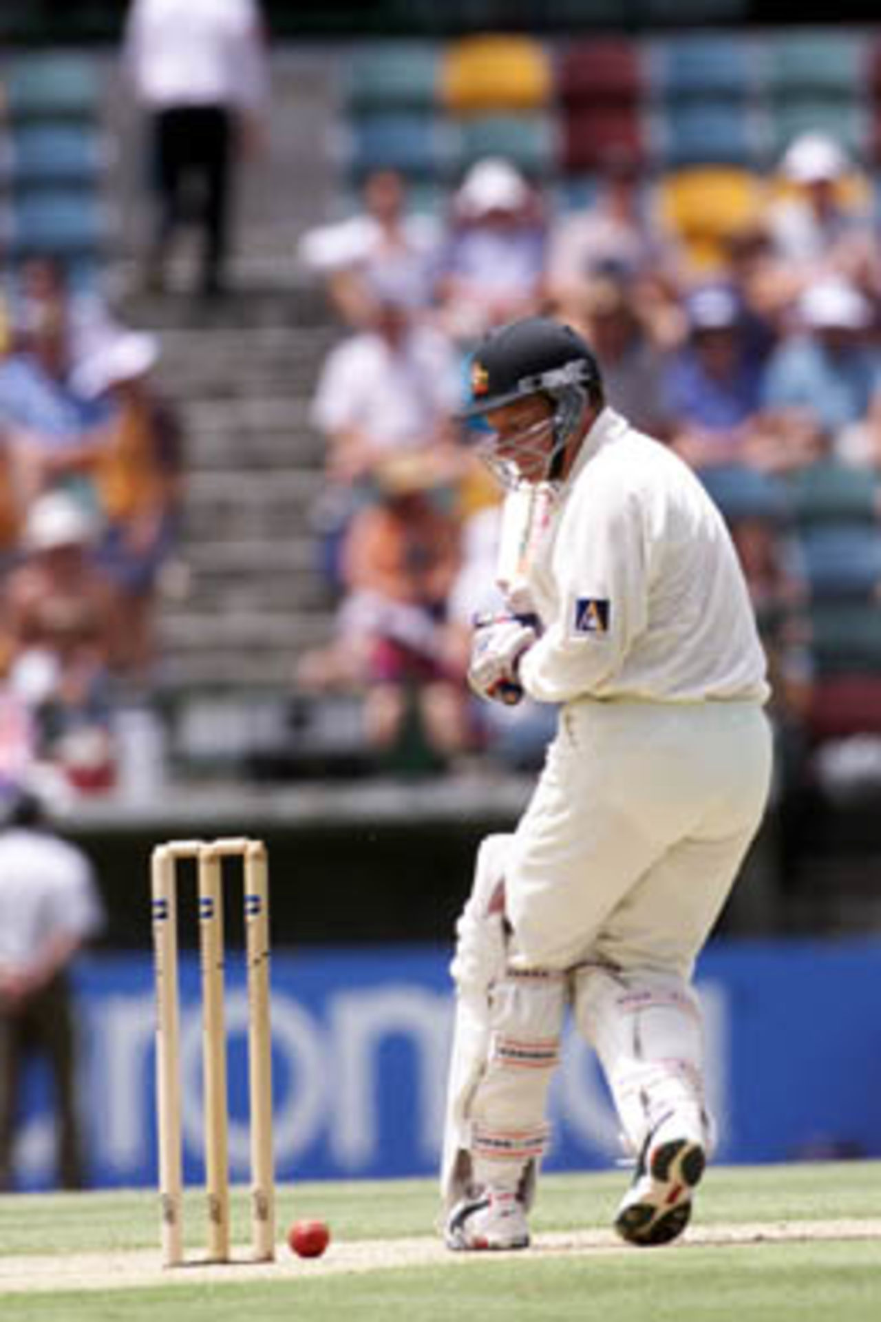 The ball almost rolls onto Ian Healy's stumps on the second day of the First Ashes Test Match