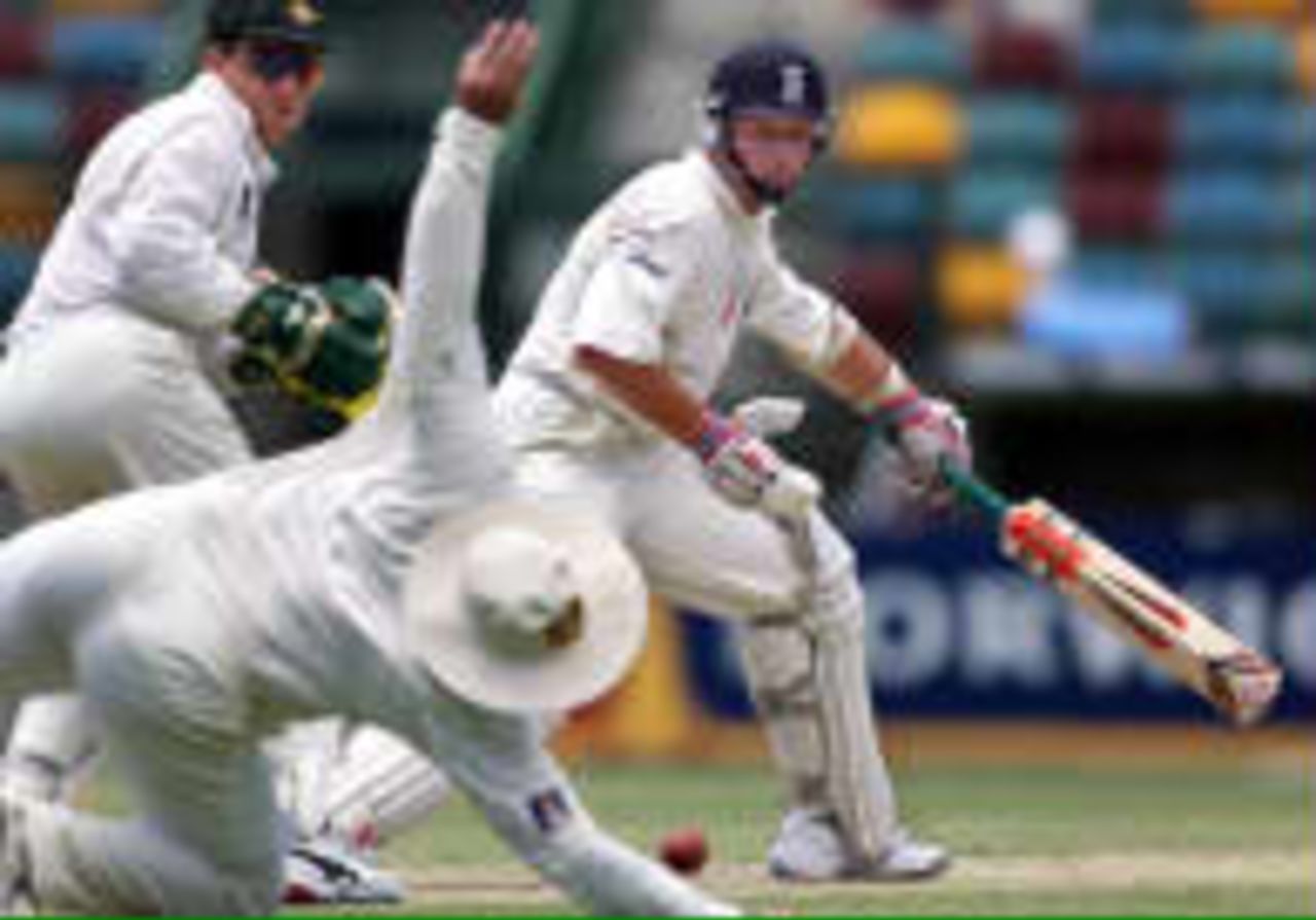 Taylor dives for a  catch from Croft,  Healy watches The Ashes, 1998/99, 1st Test Australia v England Brisbane Cricket Ground, Woolloongabba, Brisbane 23 November 1998