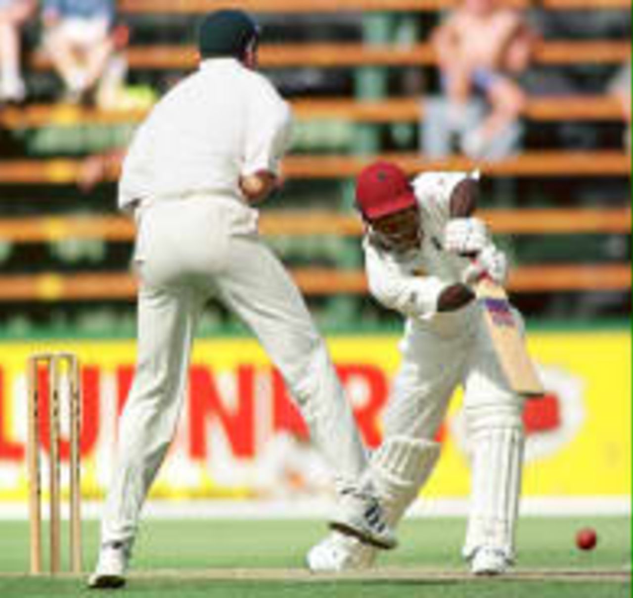 Stuart Williams plays defensively Cronje is the fielder West Indies in South Africa, 1998/99, 1st Test  South Africa v West Indies  The Wanderers, Johannesburg  26 November 1998