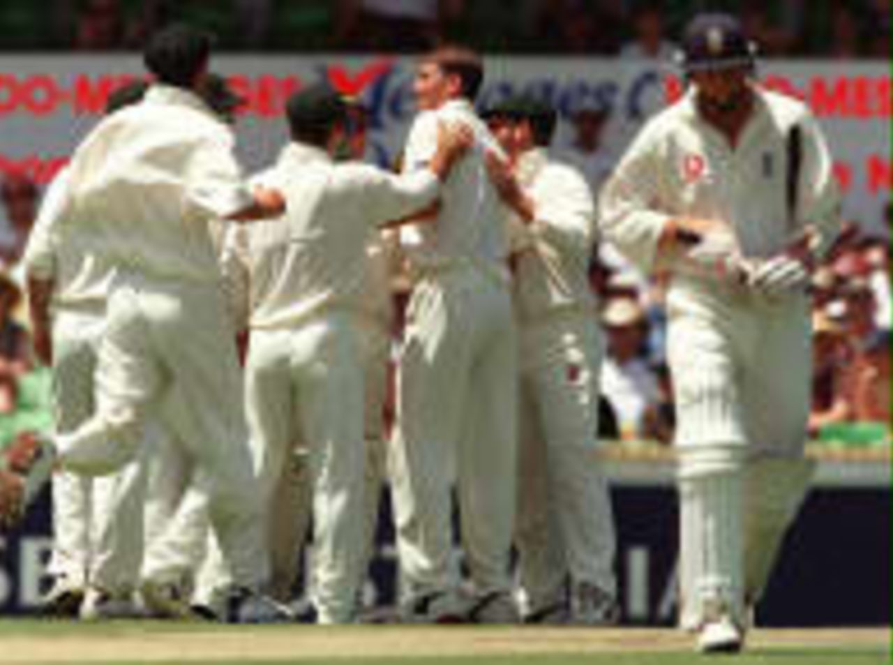 McGrath is congratulated by the Australian team after dismissing Atherton The Ashes, 1998/99, 2nd Test Australia v England WACA Ground, Perth 28 November