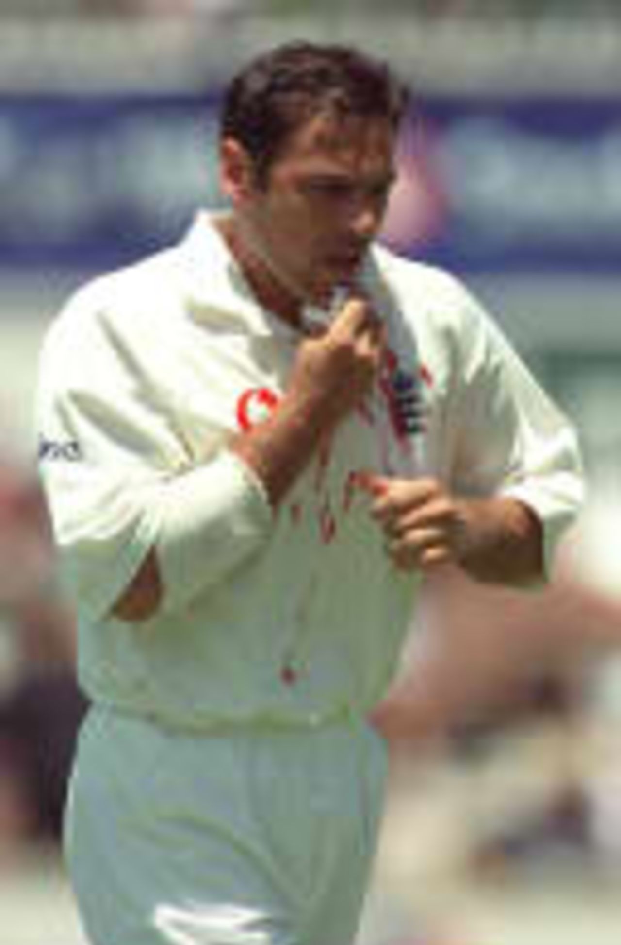 Ramprakash with blood on his shirt after being hit by a bouncer The Ashes, 1998/99, 2nd Test Australia v England WACA Ground, Perth 28 November