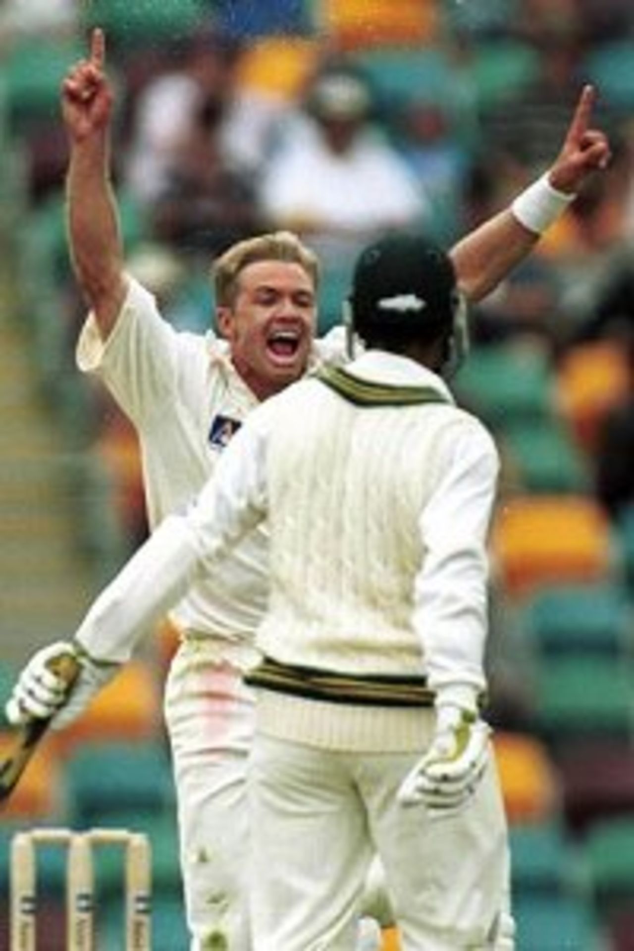 6 Nov 1999: Scott Muller of Australia celebrates his first Test wicket as Abdur Razzaq of Pakistan is caught by Mark Waugh during the second days play of the First Test match between Australia and Pakistan at The Gabba, Brisbane, Australia.
