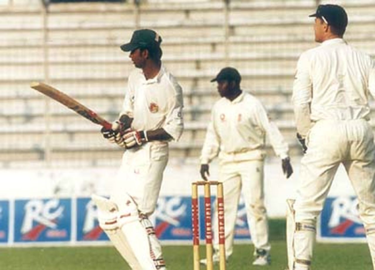 Bangladesh's Shariar watches the ball after he has hit it to leg in the match against England 'A', Bangladesh v England 'A', Bangabandhu National Stadium, Dhaka, (4-day match) 01-04 November 99, England 'A' in Bangladesh, 1999/00