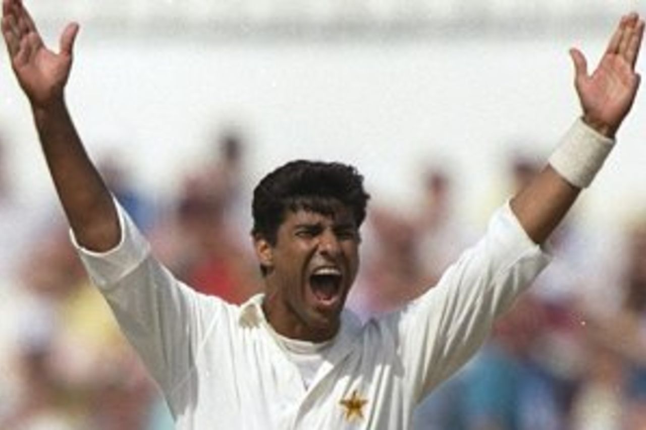 26 Jul 1992: Waqar Younis of Pakistan in full appeal during the Fourth Test match against England at Headingley in Leeds, England. England won the match by six wickets.